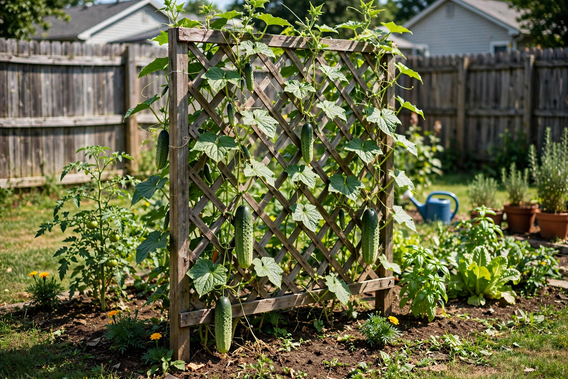 best garden trellis for cucumbers reviews: Wooden garden trellis with cucumber vines in a sunny backyard