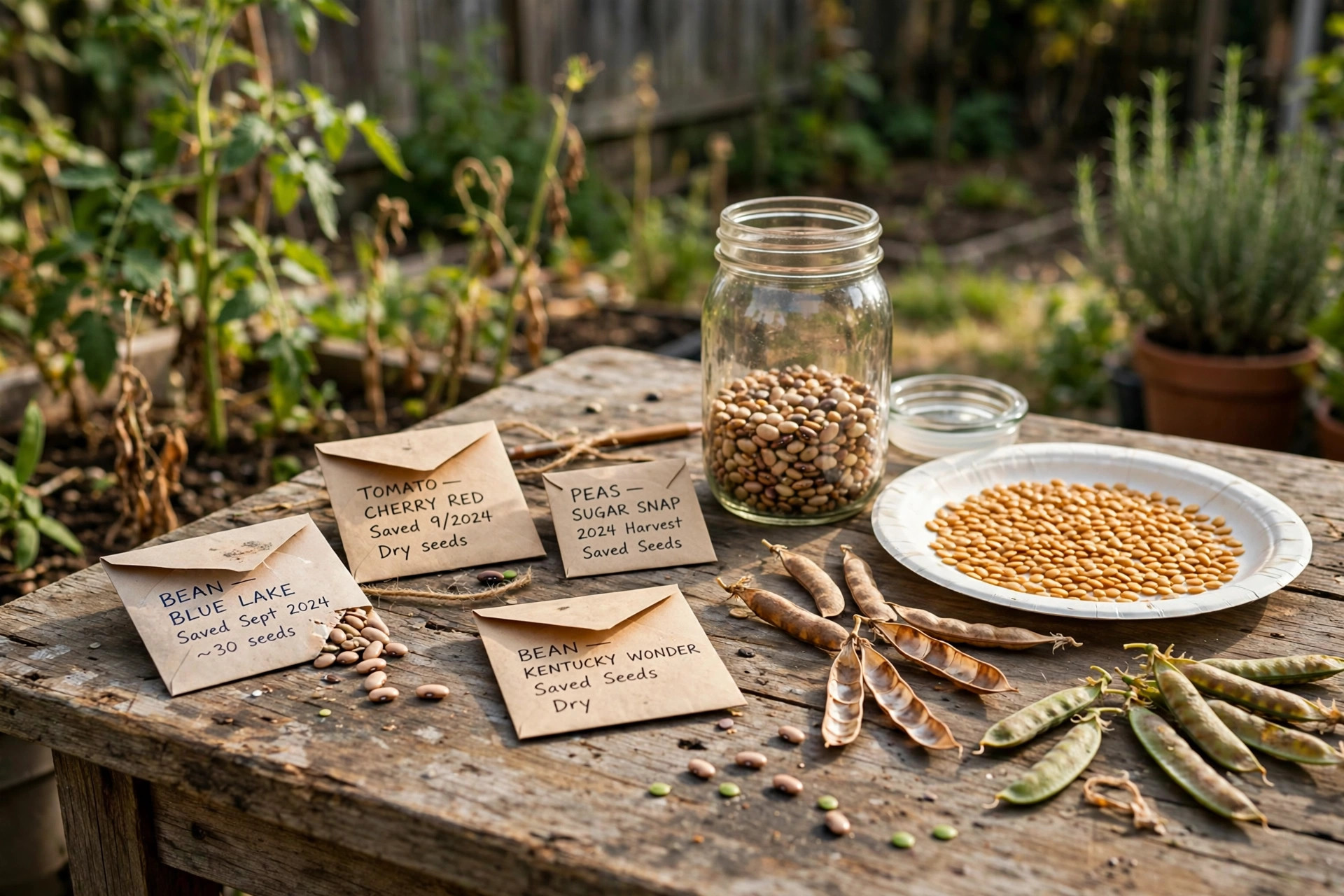 how to save seeds from vegetables: Hands holding dry bean seeds saved from vegetables in a garden