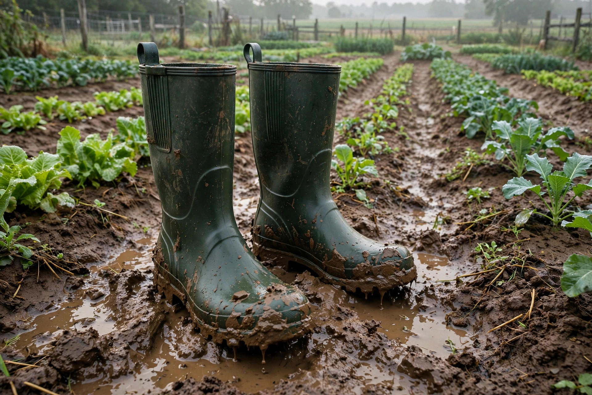 best garden boots waterproof for mud: Waterproof garden boots in a muddy American garden