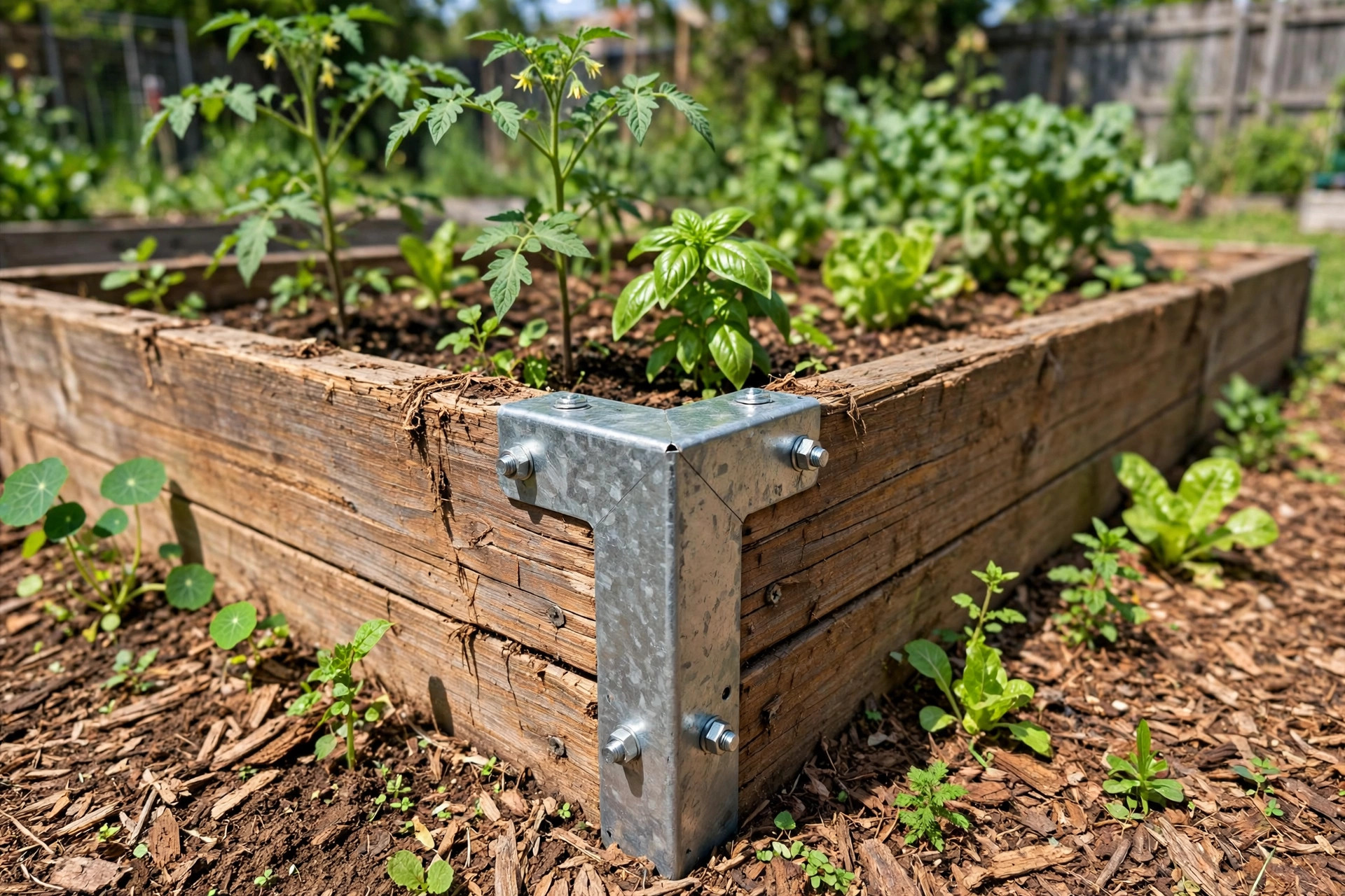 Raised bed corners for easy assembly shown in a real American backyard garden