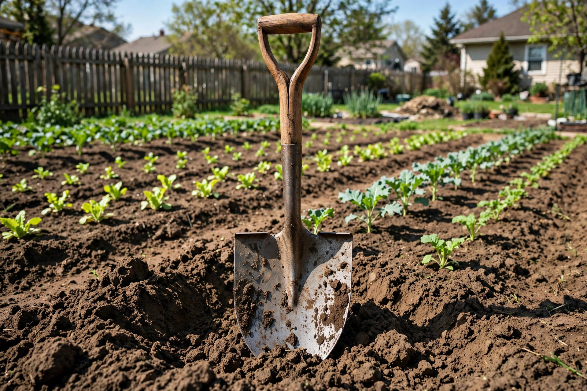 Best garden shovel for digging reviews standing upright in a vegetable garden bed