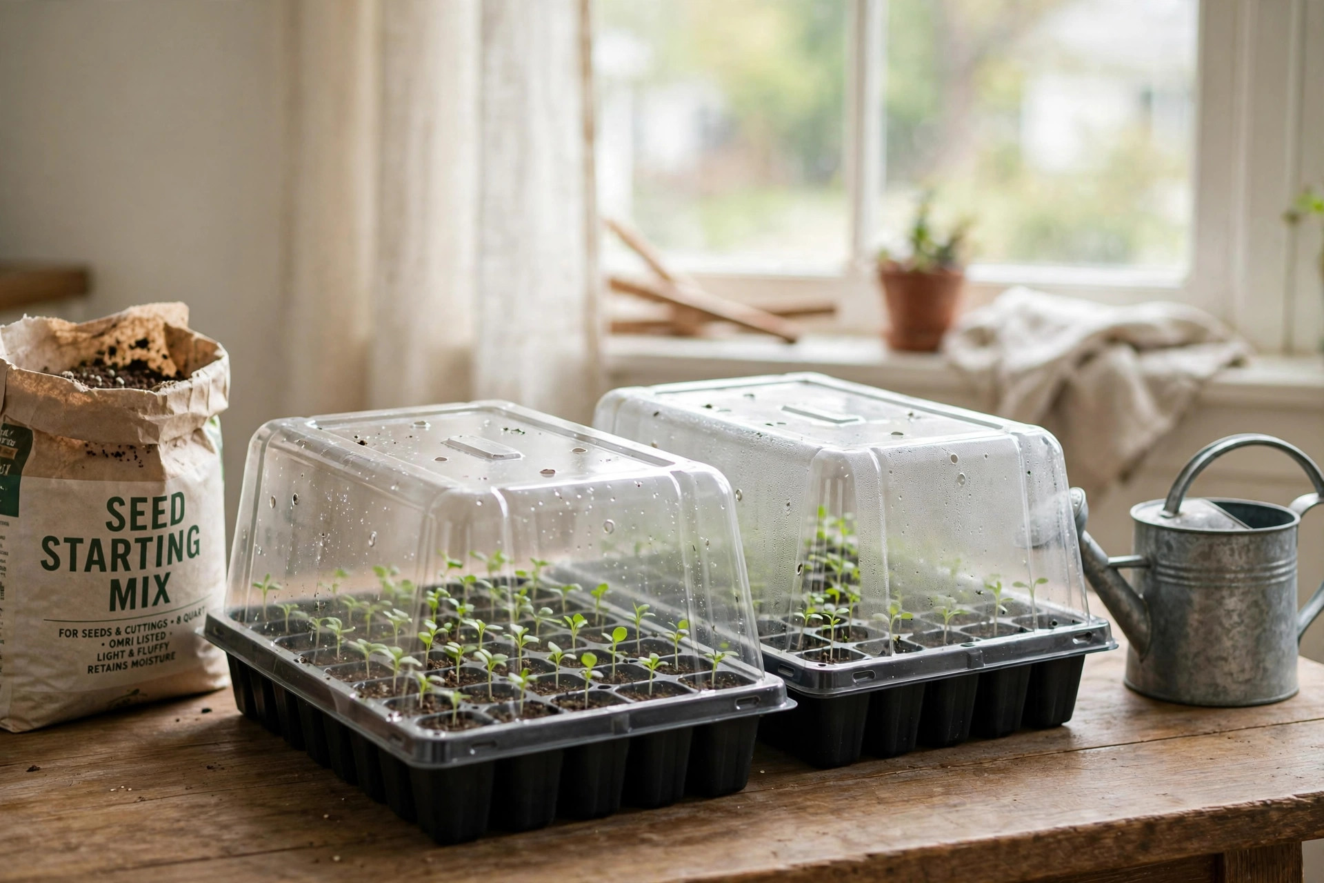 Seed starting trays with dome reviews — trays with clear domes holding young seedlings