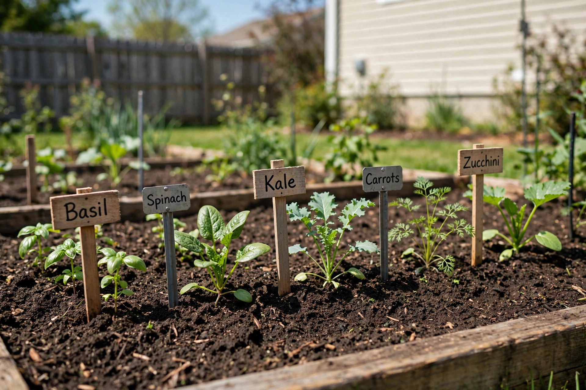 best garden labels for plant identification: Small metal garden label stakes marking plant rows in a backyard vegetable garden