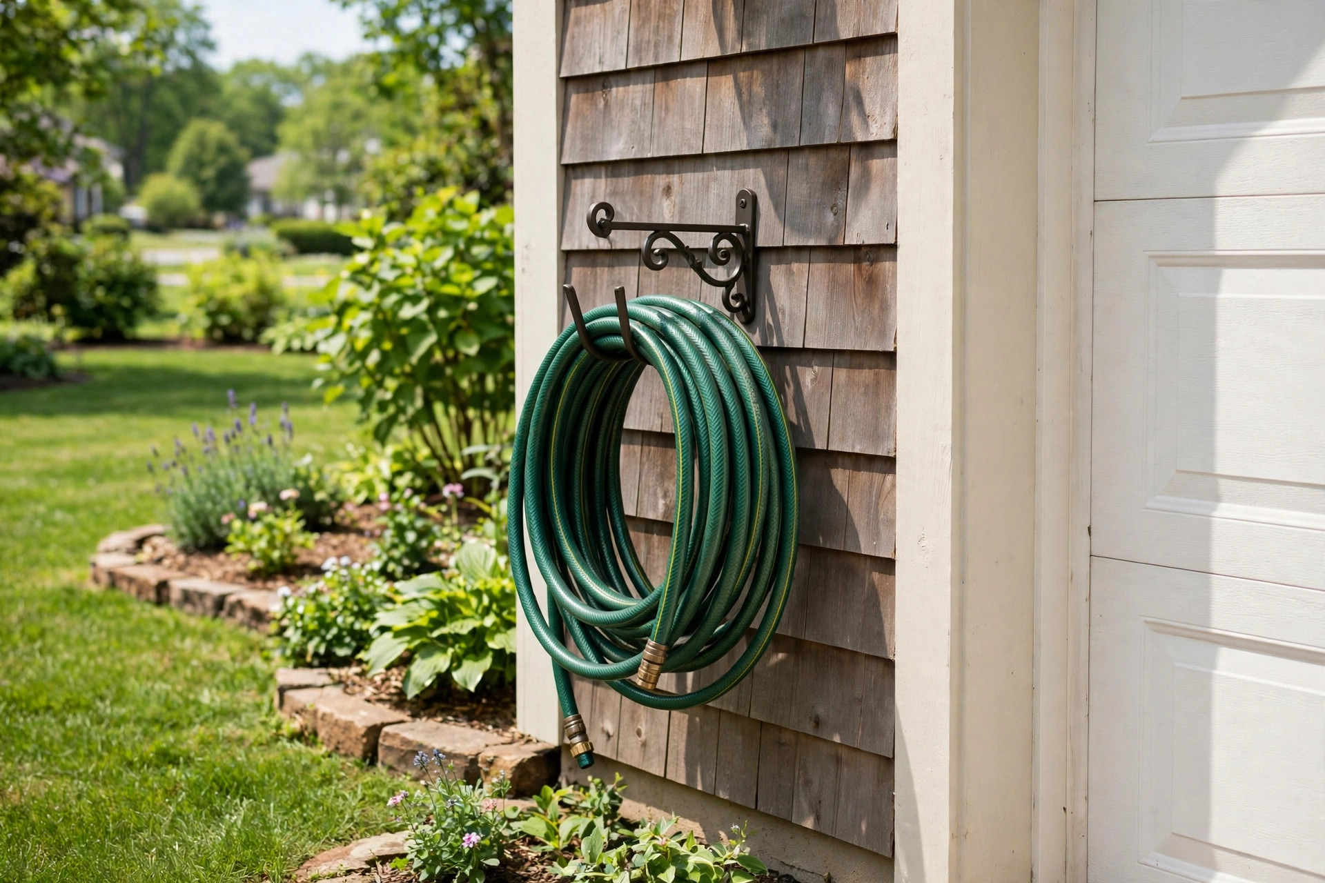 best garden hose hanger for wall: A bronze wall-mounted garden hose hanger holding a coiled green hose beside a suburban home