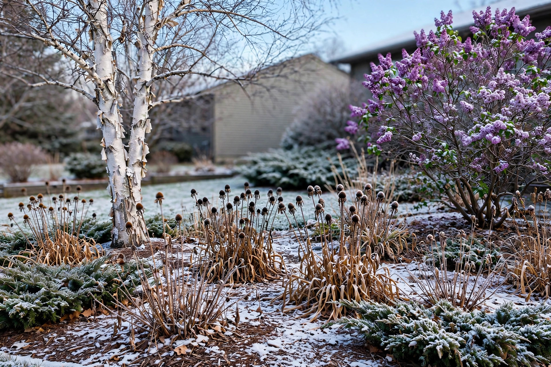 Cold hardy plants for zone five growing in a snowy front yard garden