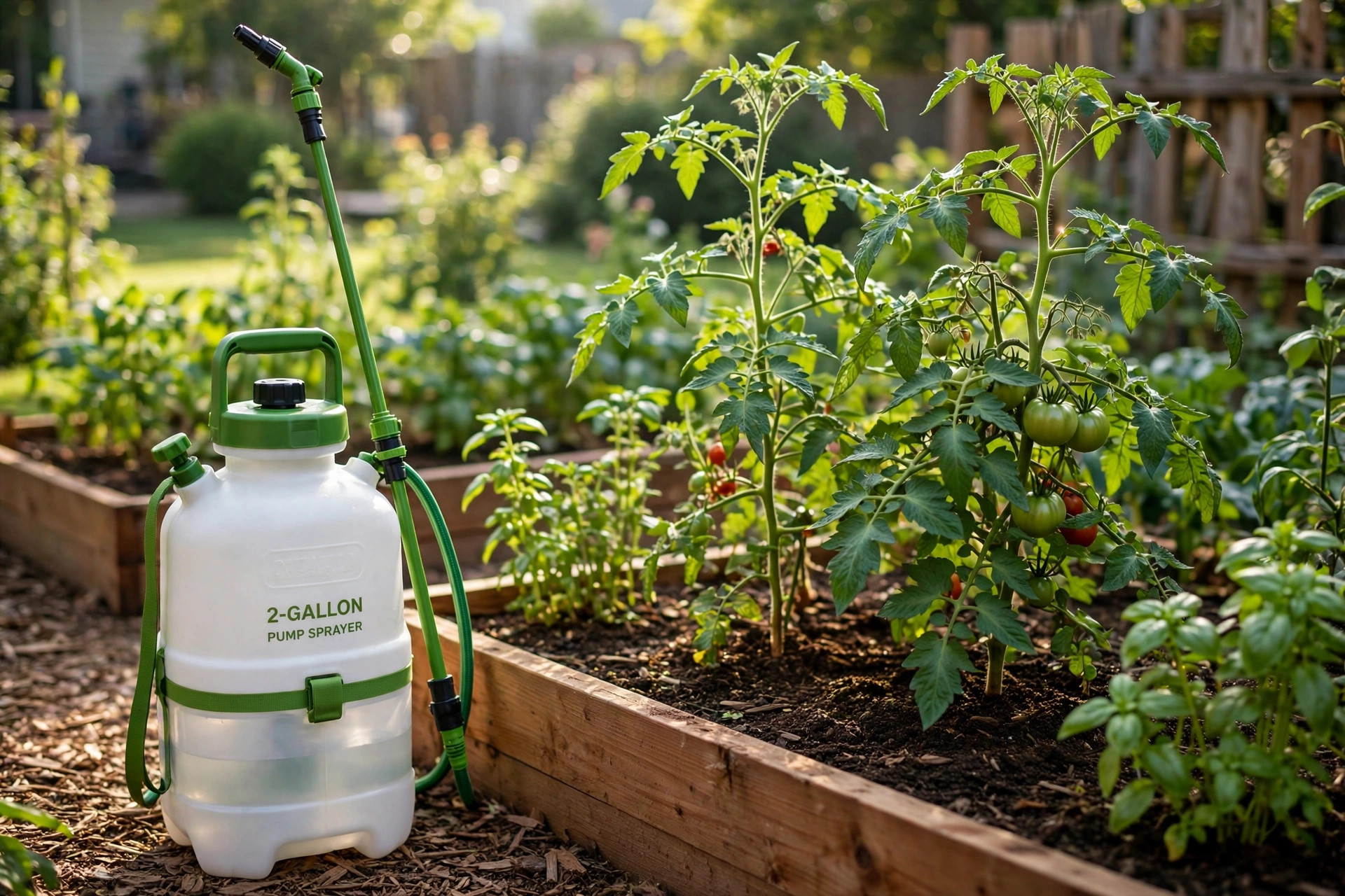 Best garden sprayer for organic gardening beside a vegetable bed
