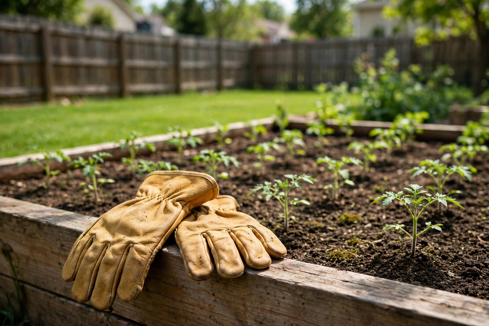 best garden gloves for men large pair resting on a raised garden bed