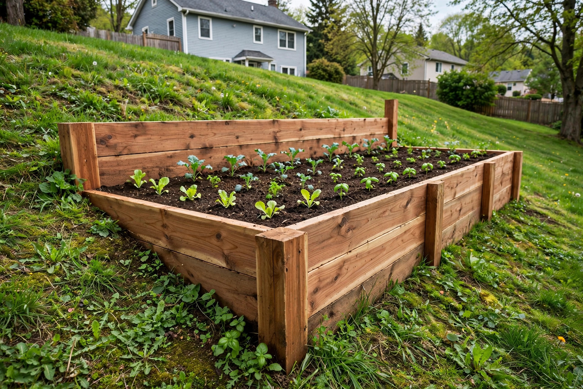 how to build raised bed on slope: Raised bed garden built level on a sloped backyard hill