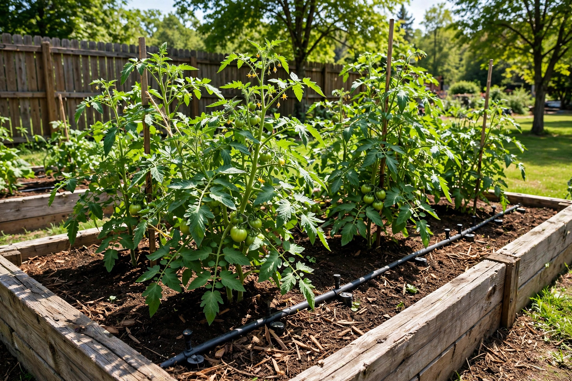 best garden soil for tomatoes reviews: Healthy tomato plants growing in rich dark garden soil in a raised bed