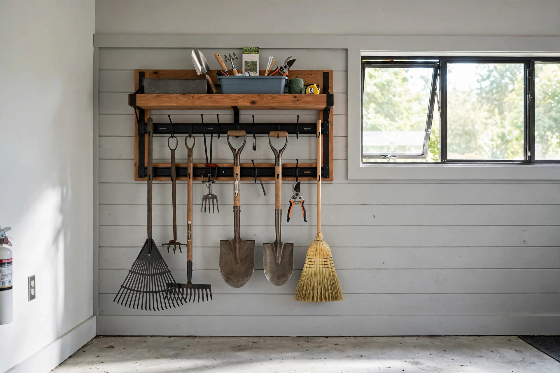 Garden tools neatly held in the best garden tool organizer for garage wall rack