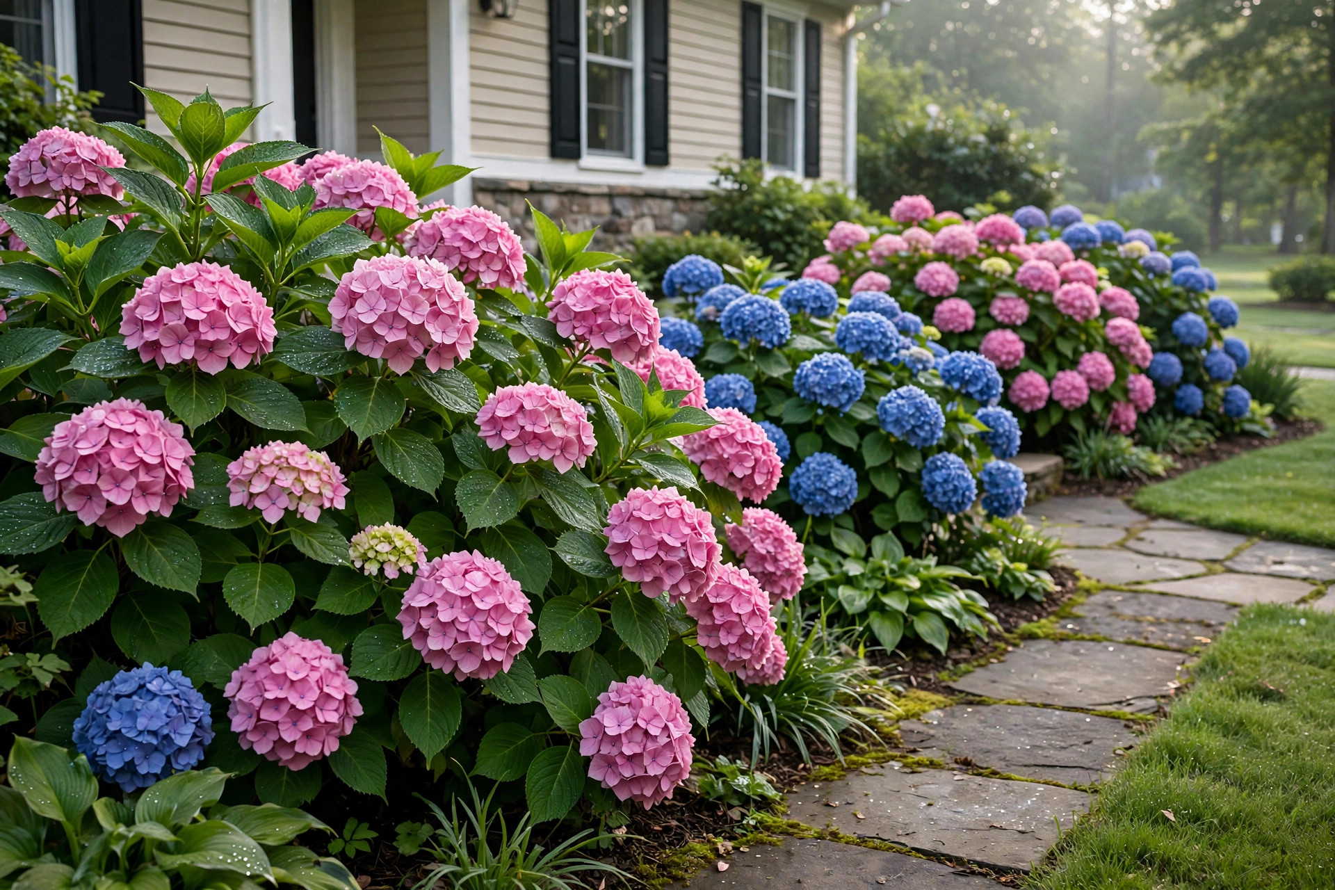 how to prune hydrangeas by type: Hydrangea bushes of several types growing in a home garden before pruning