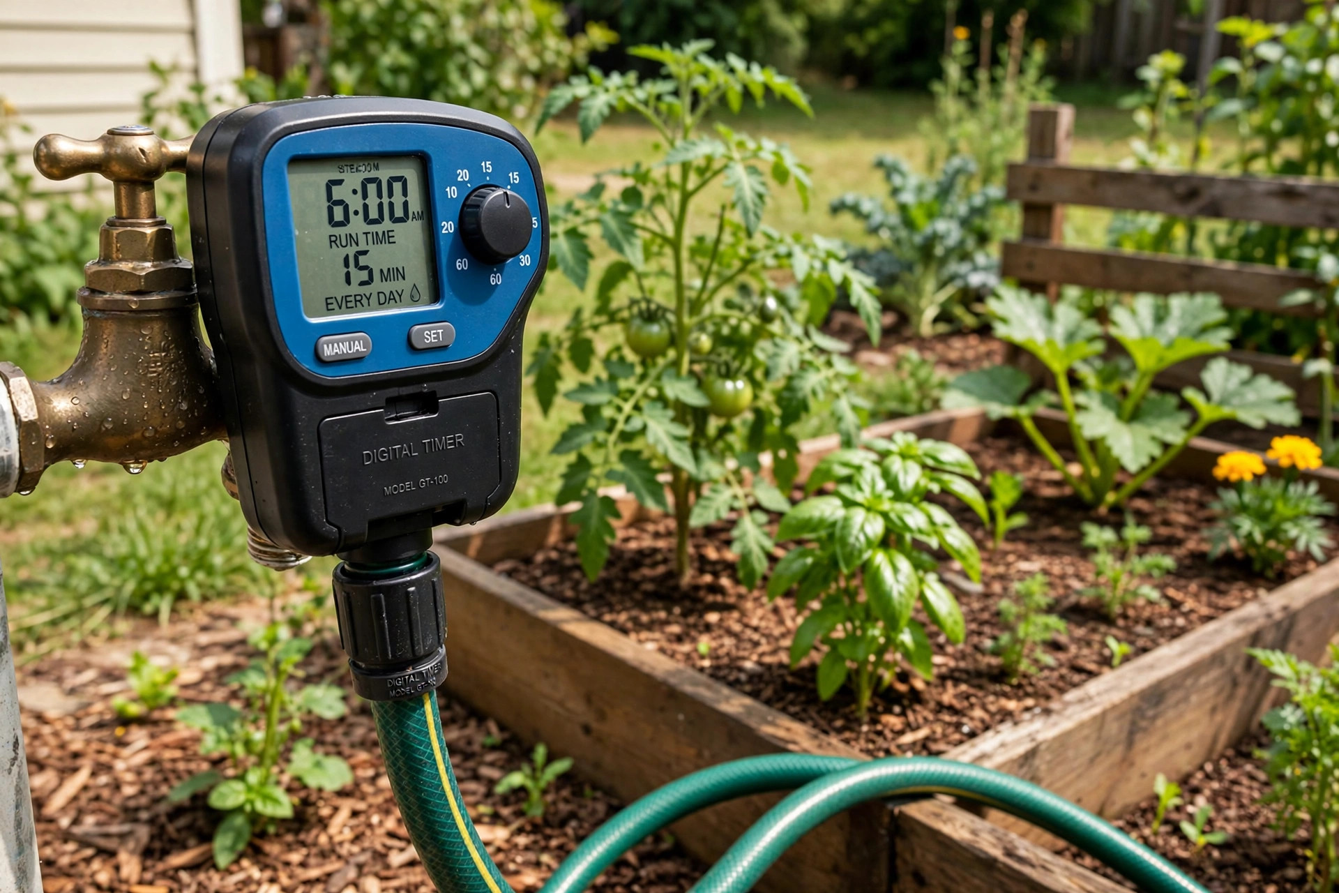 best garden watering timer reviews: digital garden watering timer attached to a garden faucet