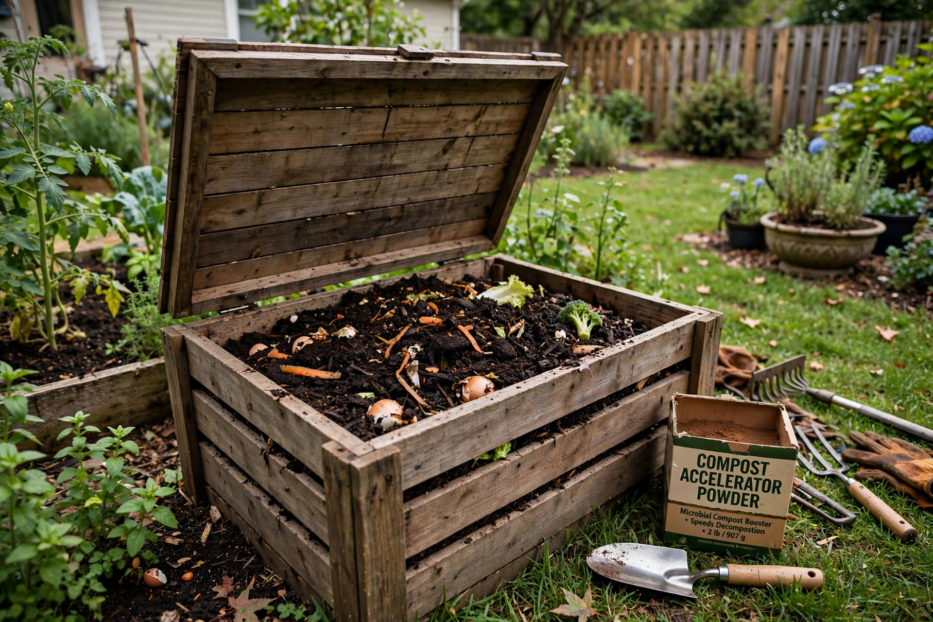 A backyard compost bin with dark rich compost and vegetable scraps, compost accelerator for faster breakdown
