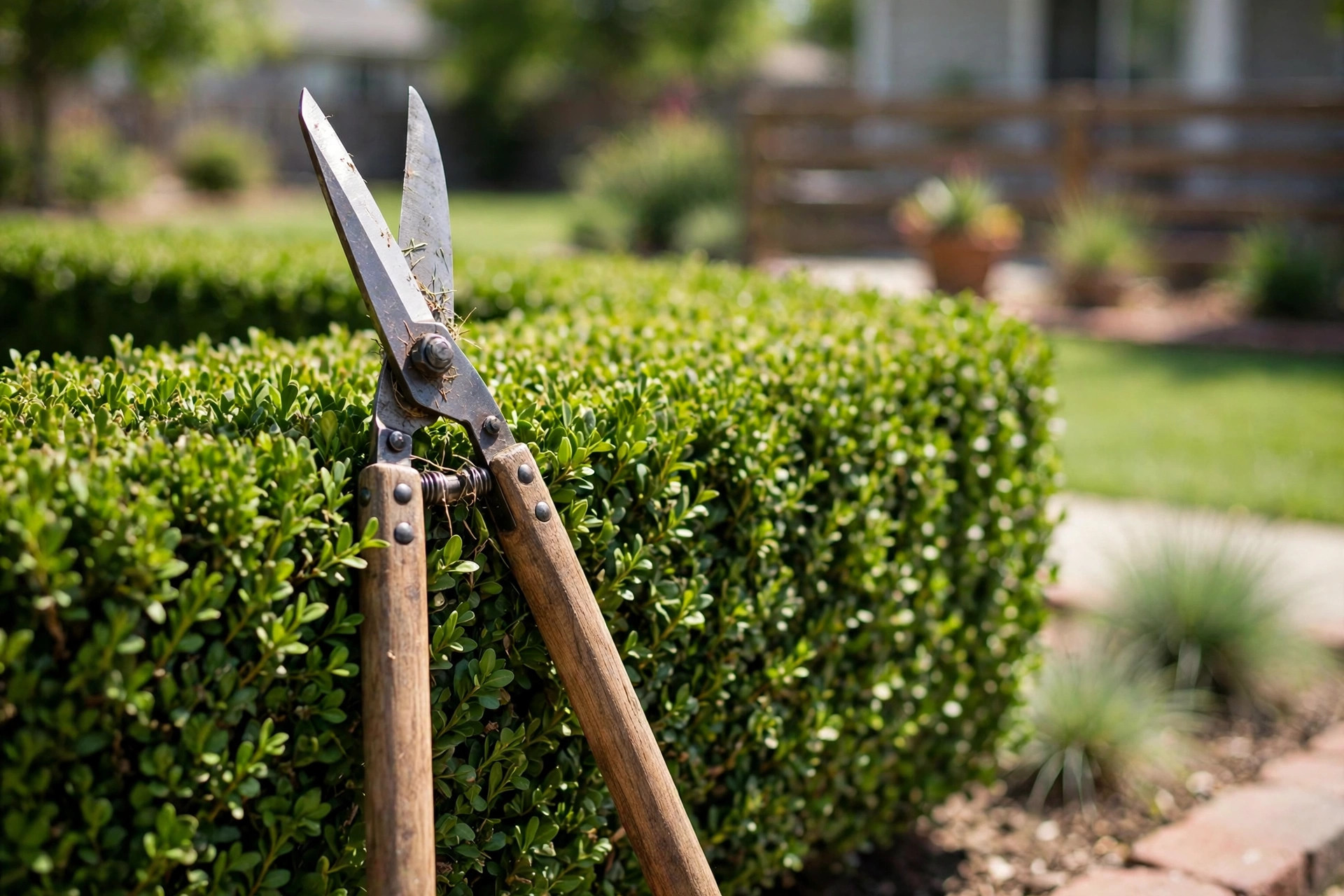 Best garden shears for hedges reviews showing sharp hand shears trimmed boxwood hedge