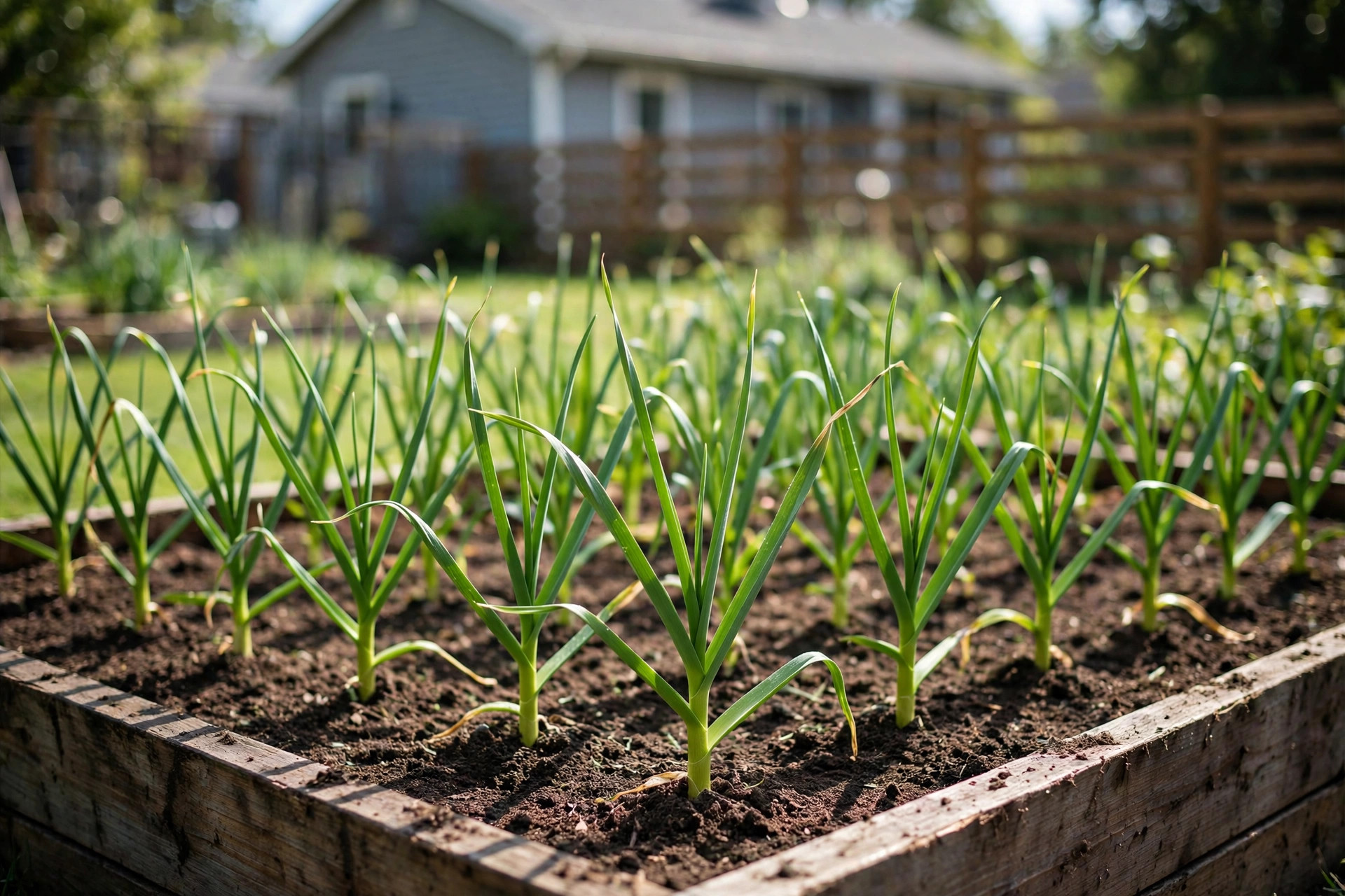how to grow garlic at home: Rows of garlic plants growing in a raised bed at home