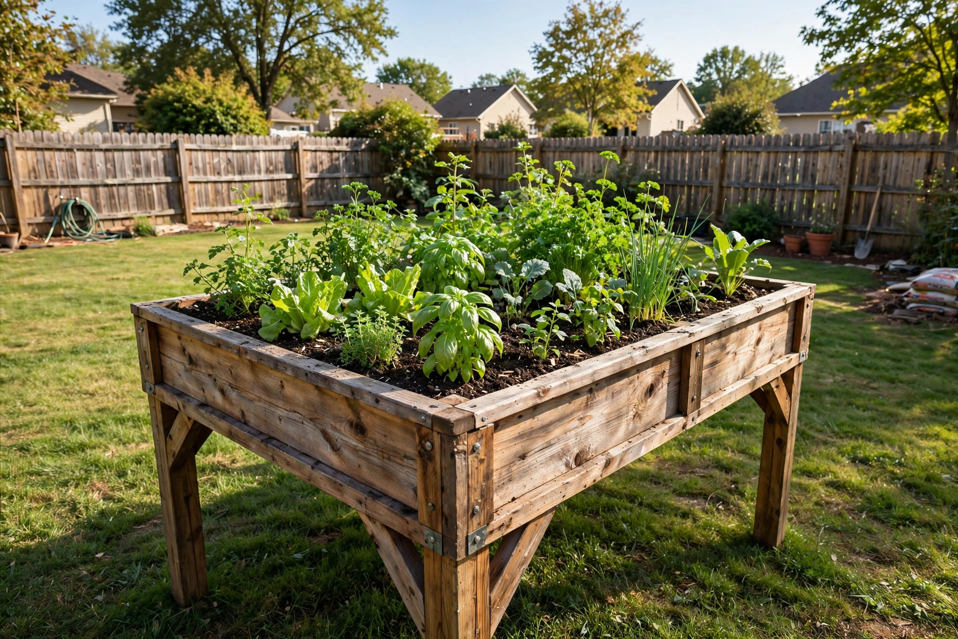 Raised garden bed on legs reviews: a wooden raised garden bed on tall legs filled with vegetables in an American backyard