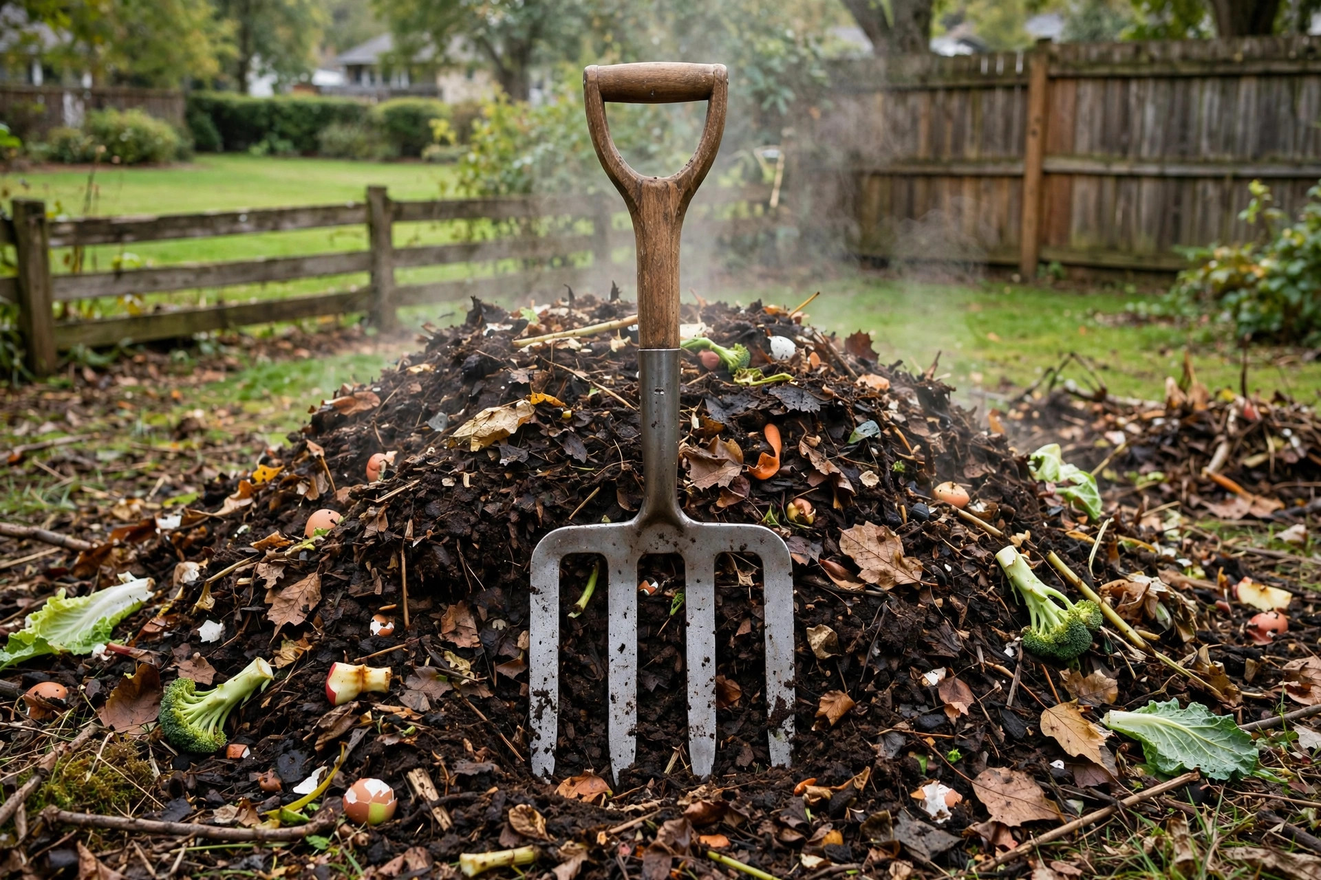 best garden fork for turning compost: A steel garden fork stuck in a steaming backyard compost pile