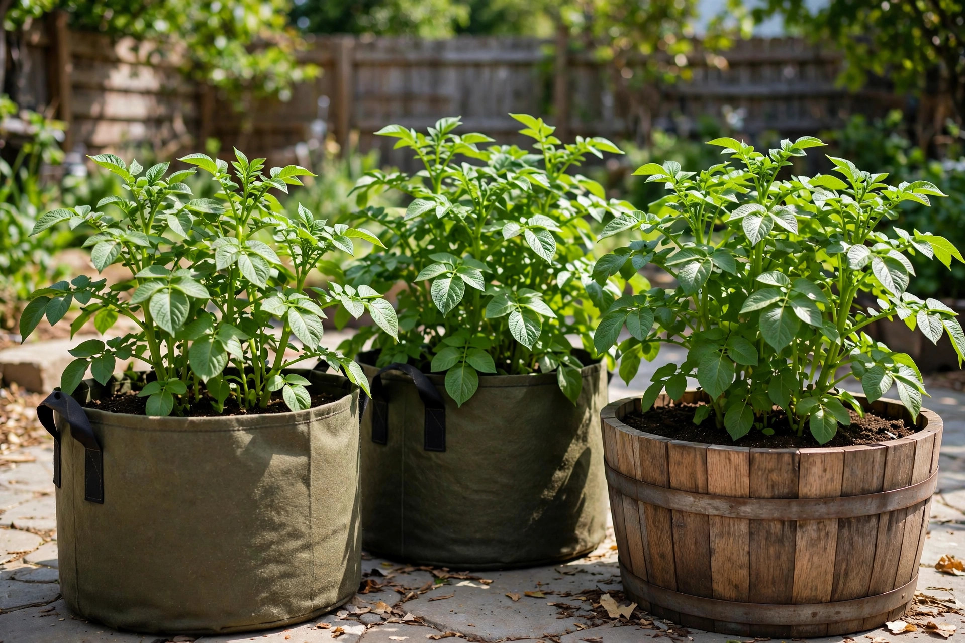 how to grow potatoes in containers: Potato plants growing in containers with focus keyword on growing