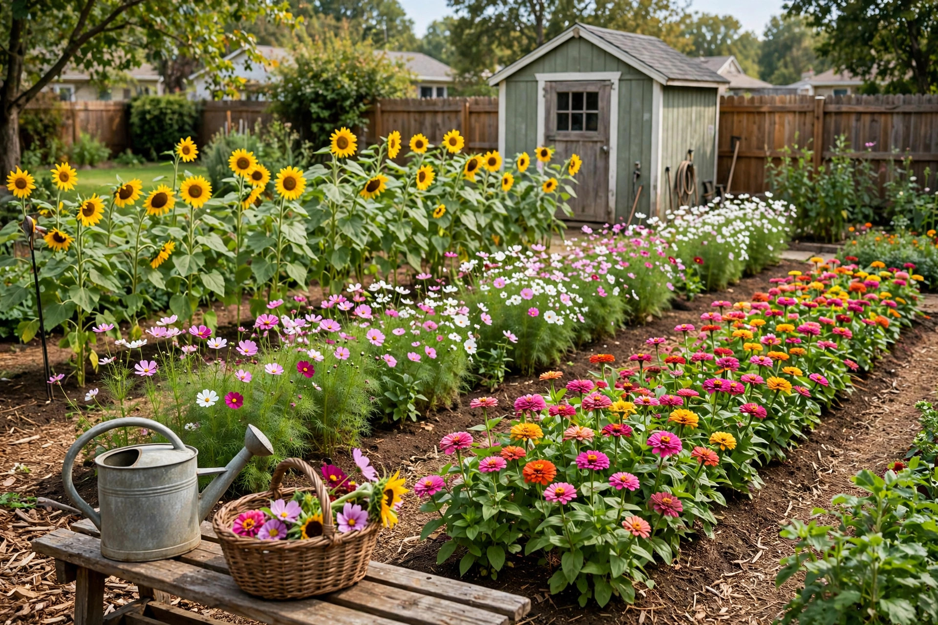 how to start a cut flower garden: A backyard cutting garden with neat rows of zinnias, sunflowers, and cosmos in full bloom beside a garden shed