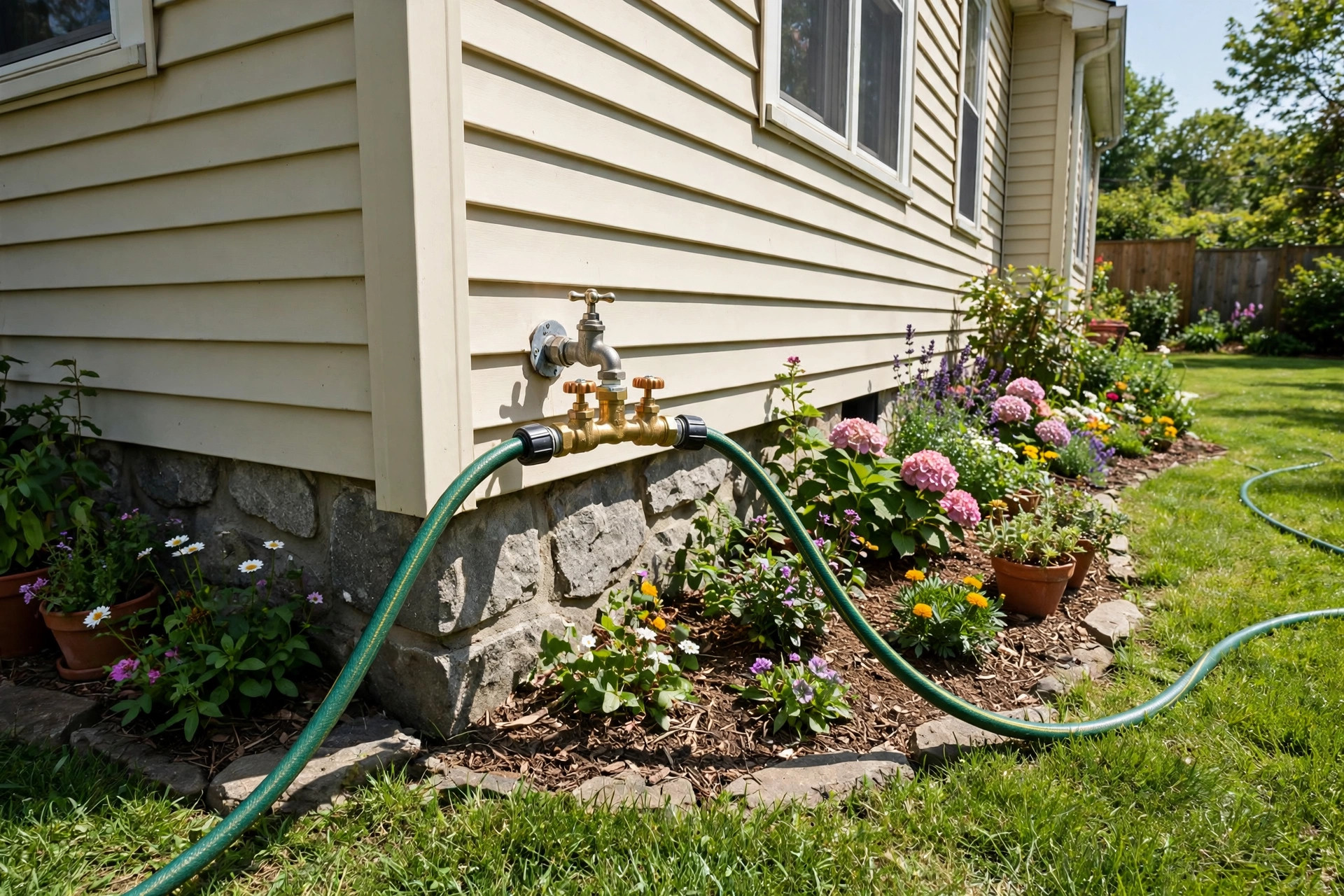 best garden hose splitter two way: Brass two way garden hose splitter attached to a backyard tap