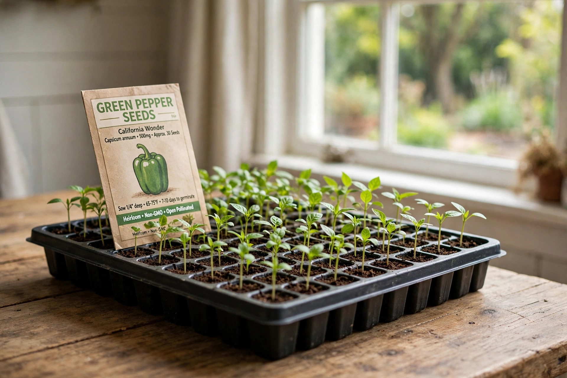 Young pepper seedlings in a tray beside a garden window, how to grow peppers from seed