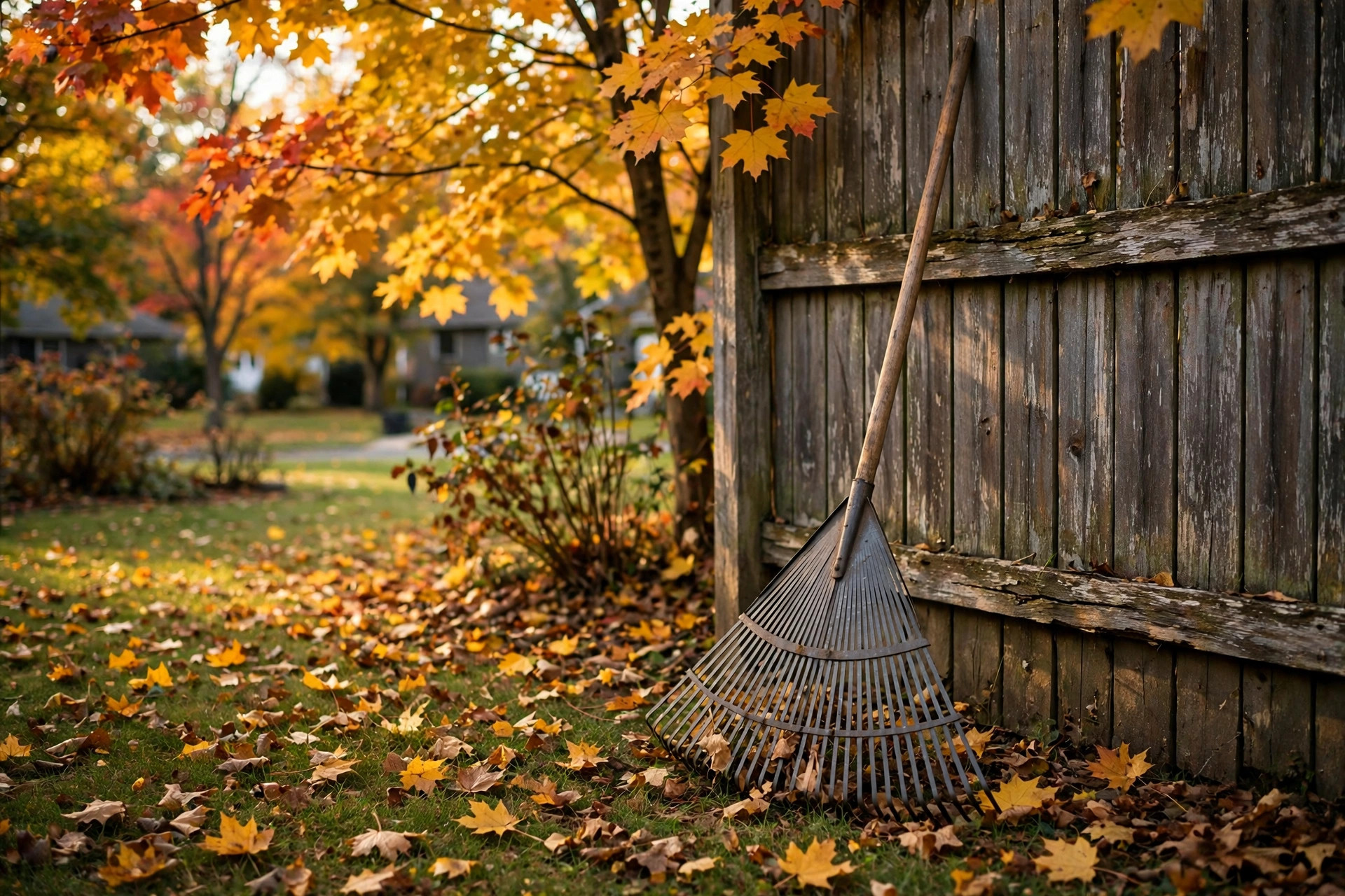 best garden rake for leaves reviews: A garden rake for leaves leaning against a wooden fence beside an autumn yard