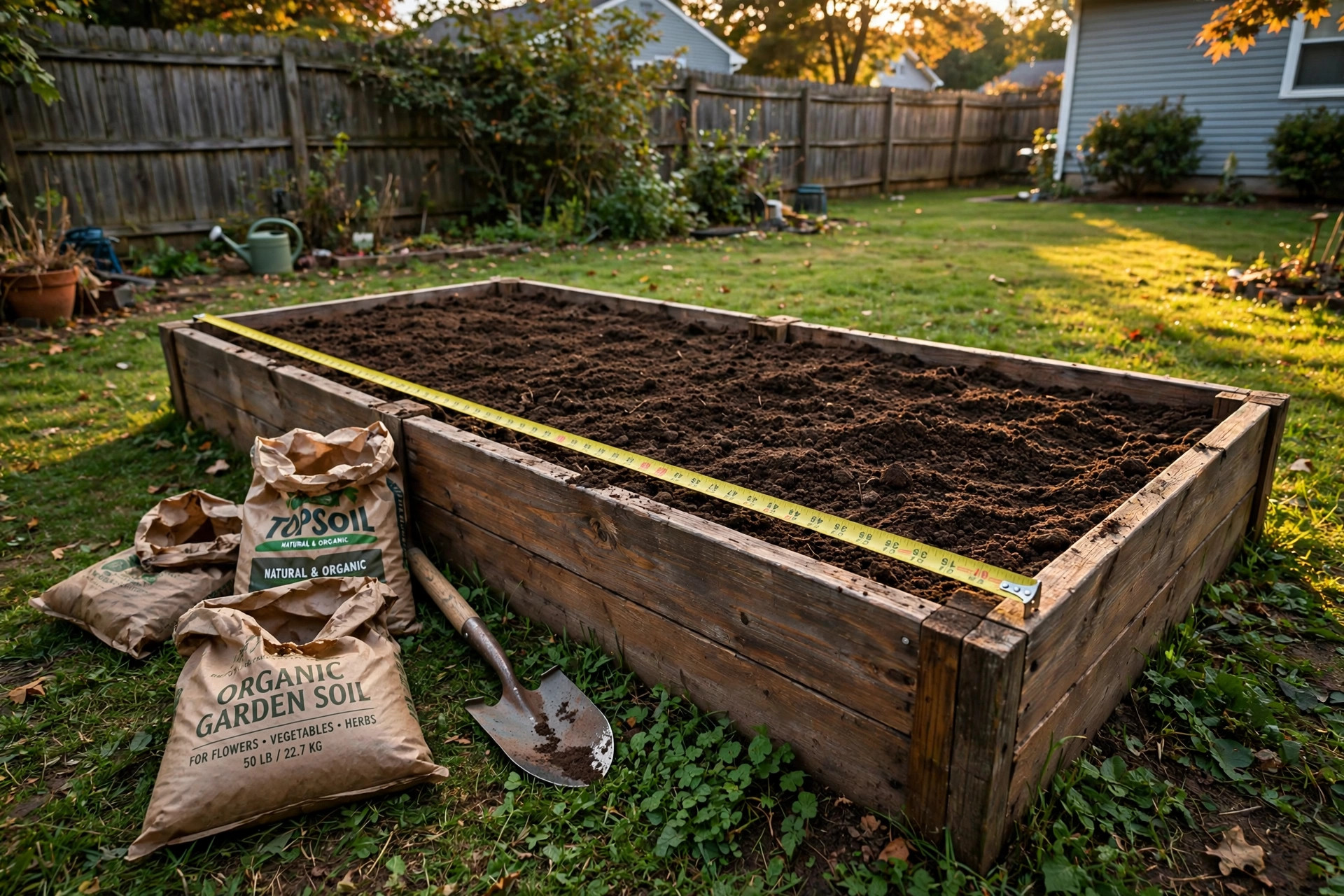 raised bed soil calculator how much: A wooden raised garden bed filled with rich dark soil, ready for planting