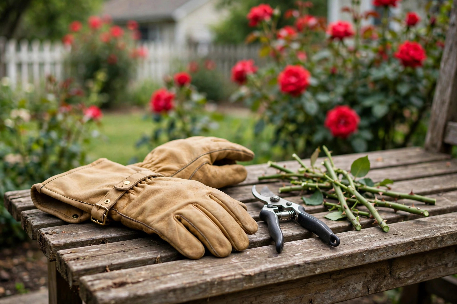 Rose garden gloves laid out beside pruned rose stems, showing the best garden gloves for handling roses