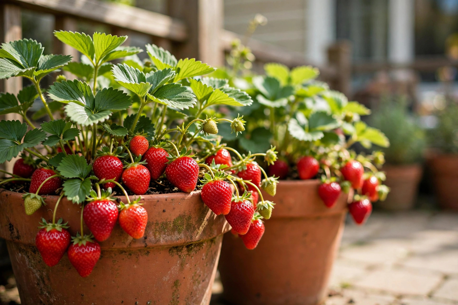 how to grow strawberries in containers: Growing strawberries in containers on a sunny patio