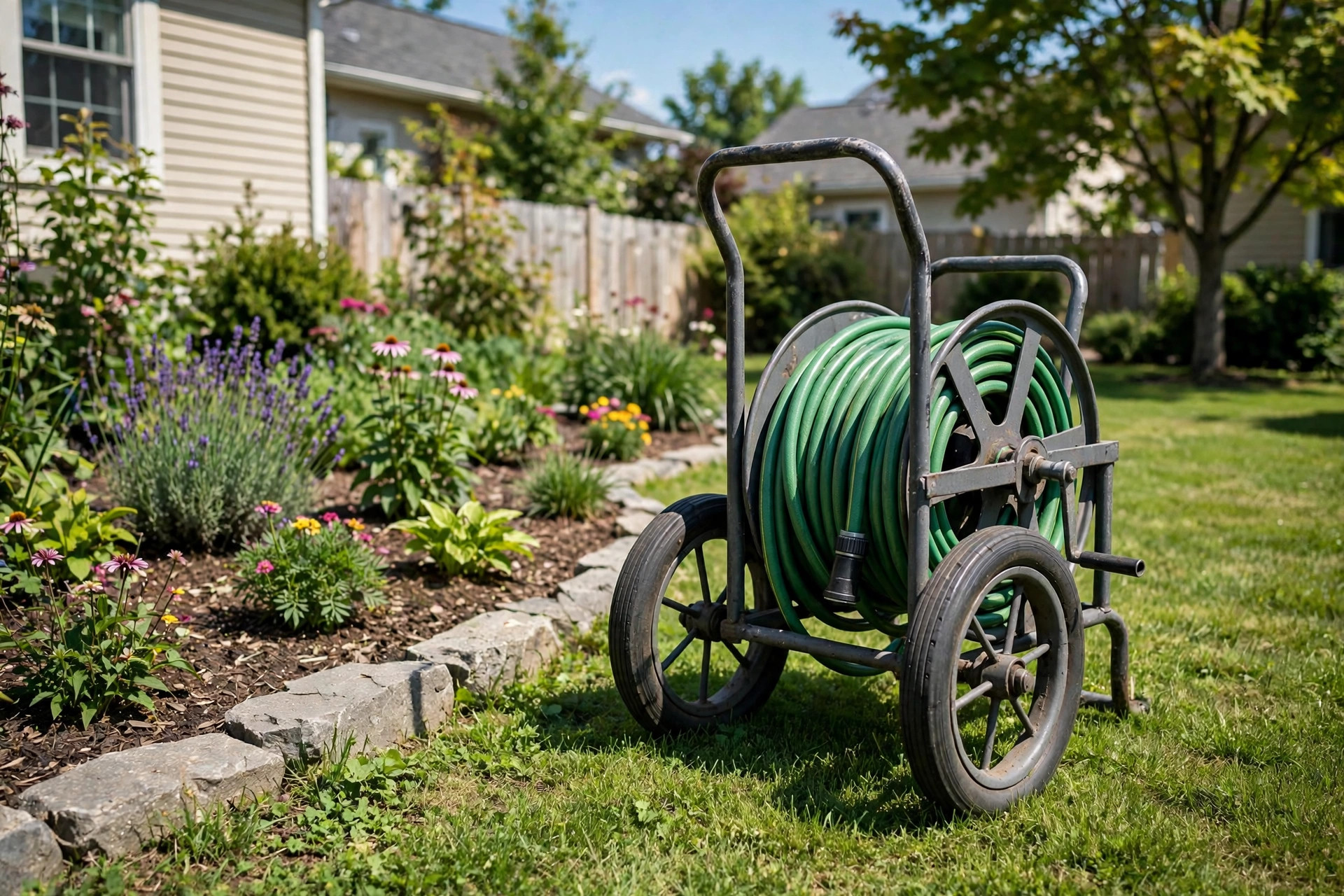 best garden hose reel cart reviews: A sturdy metal garden hose reel cart holding a coiled green hose on a sunny lawn