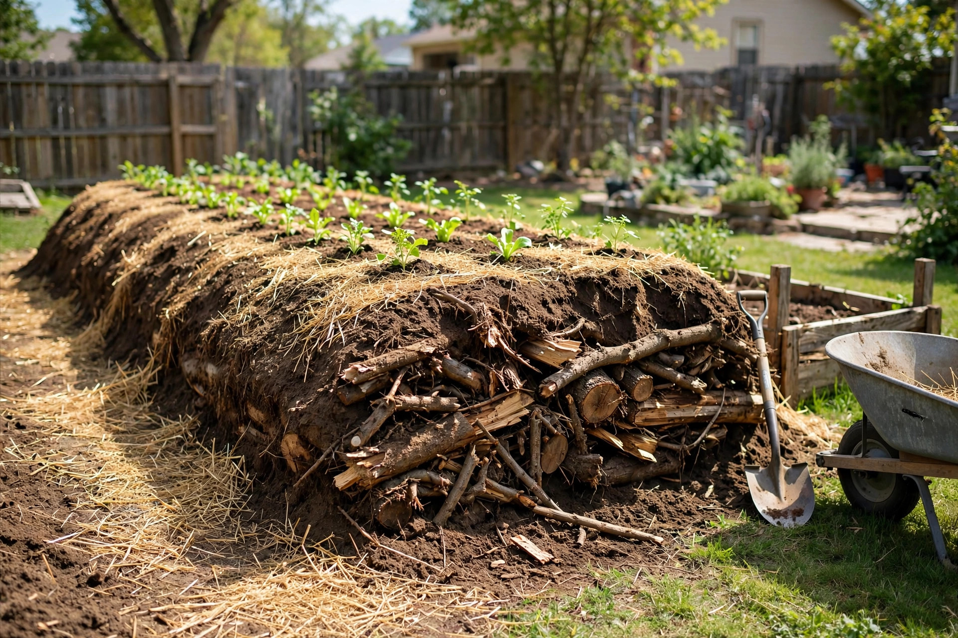 How to build hugelkultur raised bed with layered logs and rich soil
