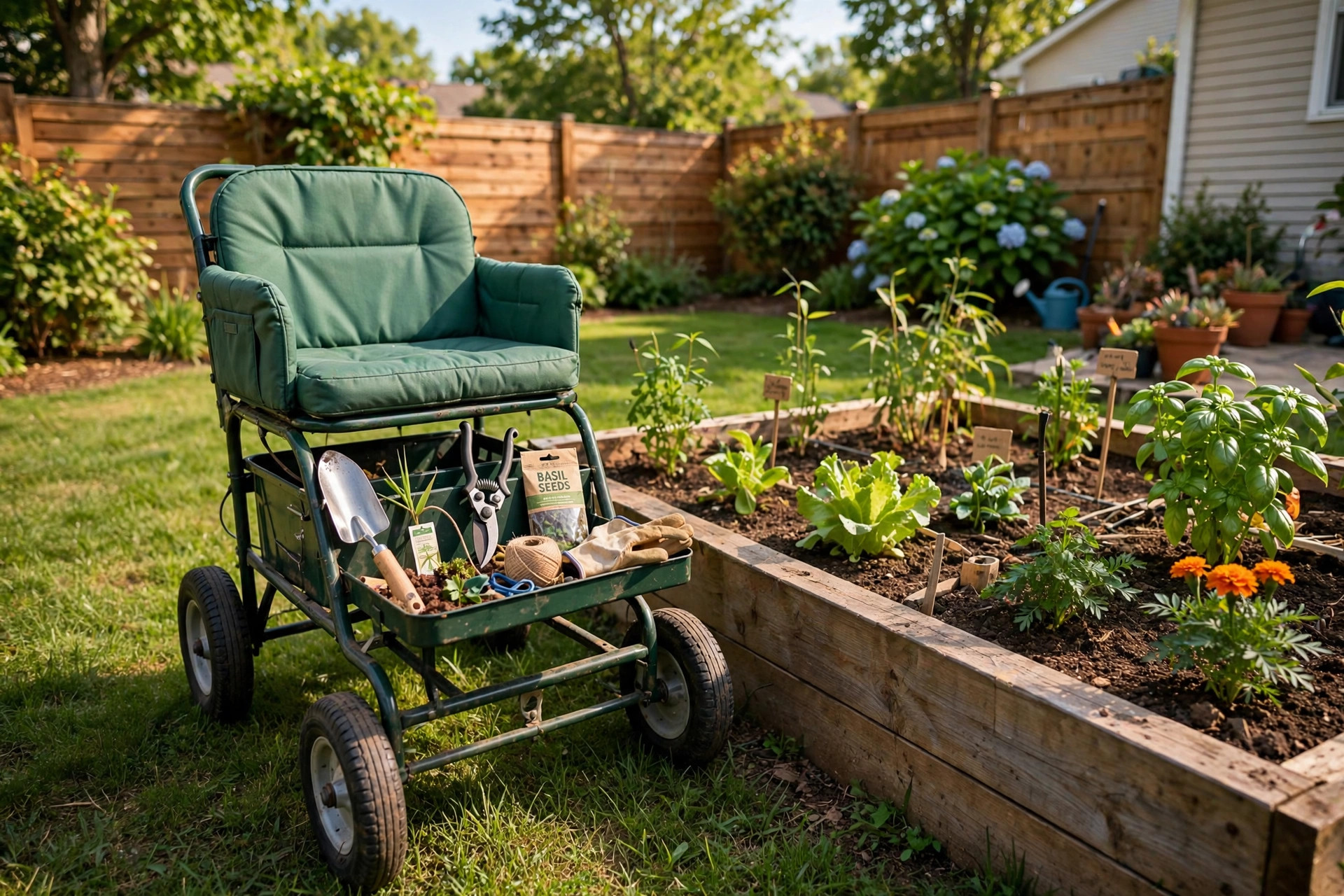 best garden cart for seniors reviews: Garden cart with padded seat and tool tray beside a raised bed in a sunny yard