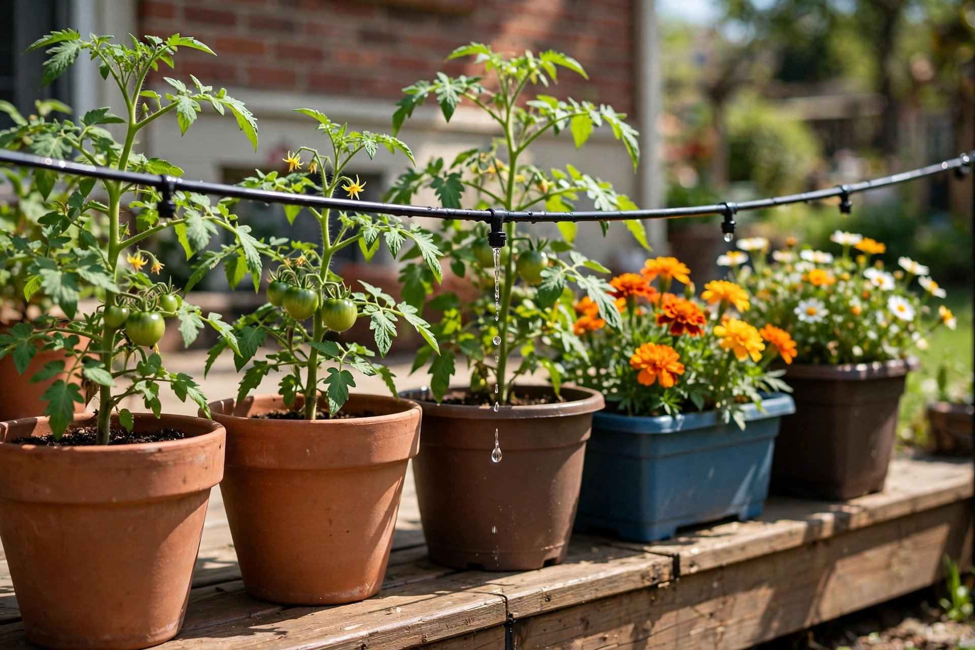 drip line for container plants reviews: Drip irrigation line watering container plants on a patio