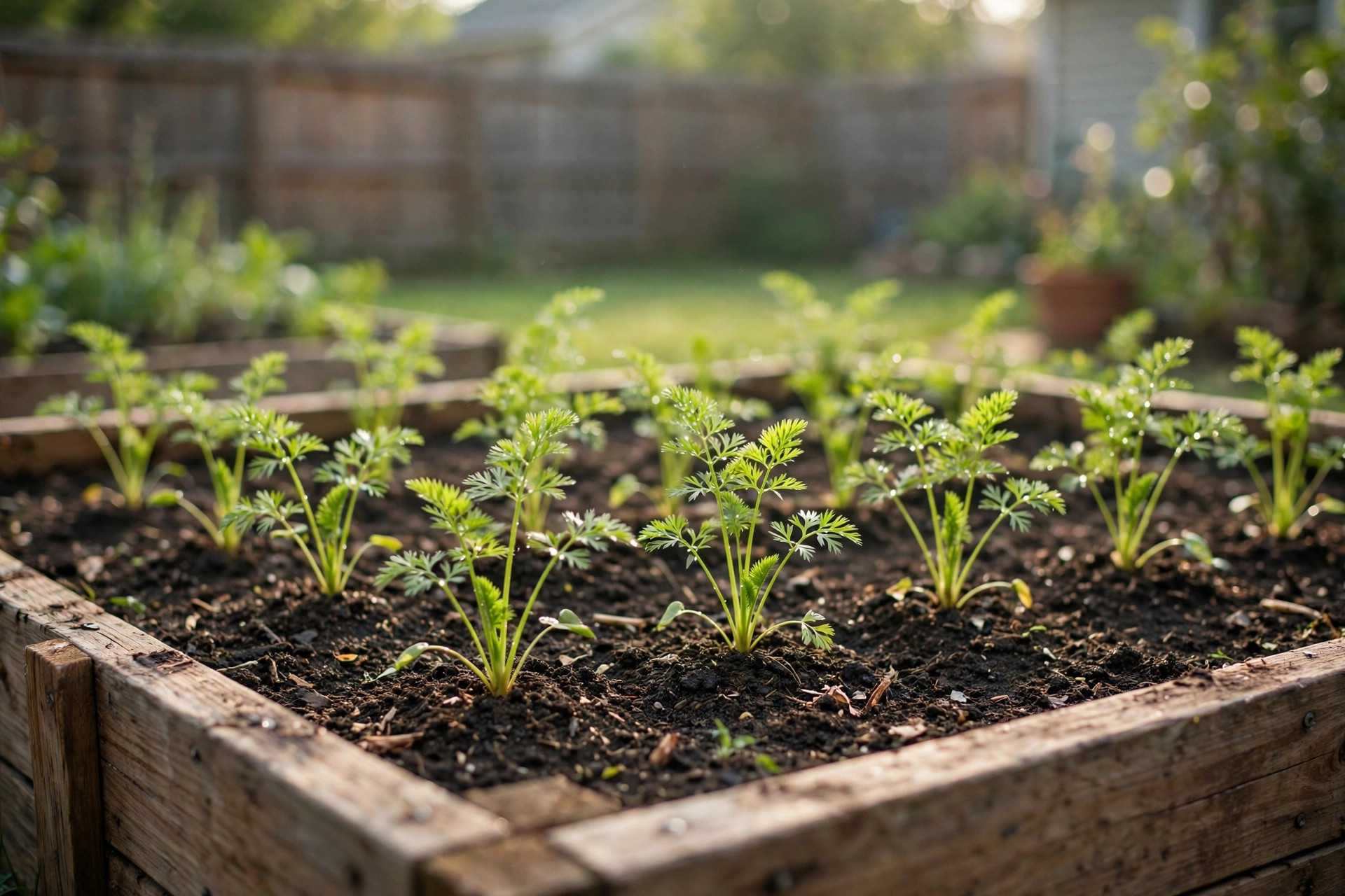 How to grow carrots in raised beds: young carrots growing in a wooden raised bed