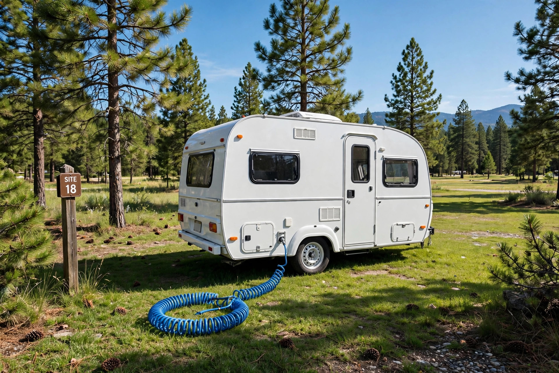 Garden hose coiled next to an RV for the best garden hose for RV use