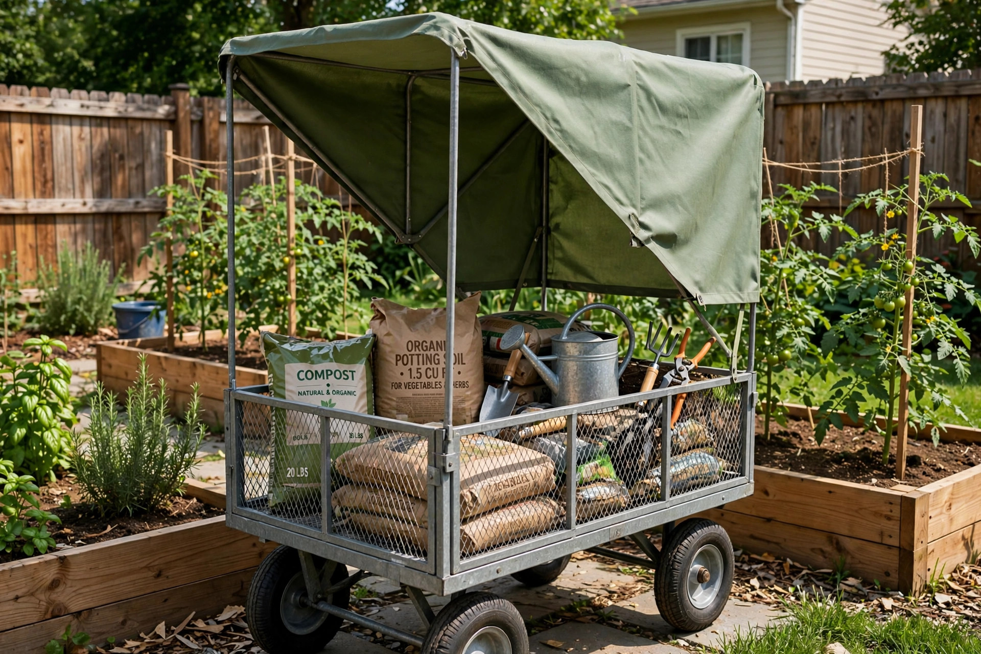 best garden wagon with canopy reviews: Garden wagon with canopy loaded with soil and tools in a sunny backyard garden