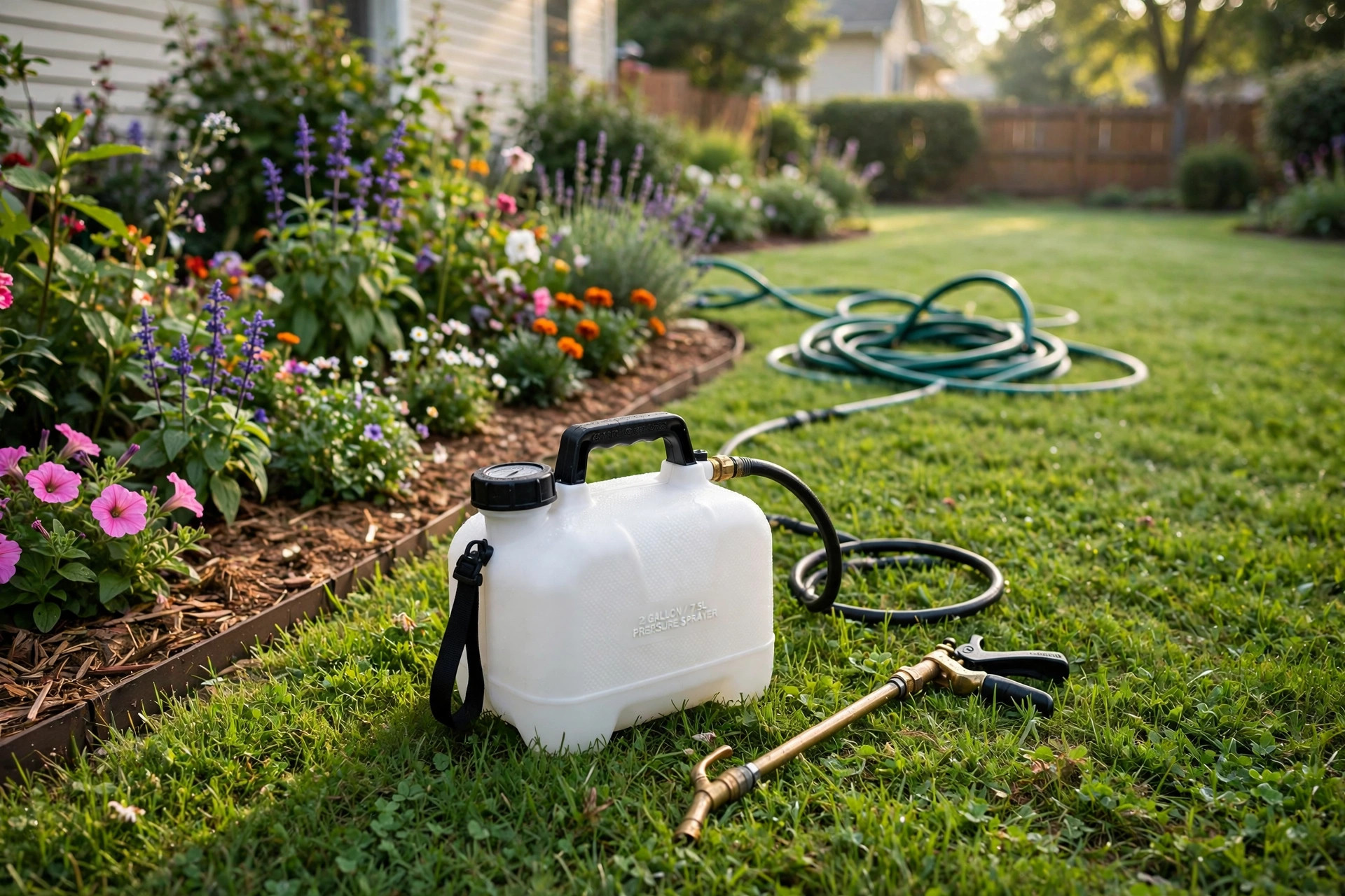Pump garden sprayer on a green lawn next to a flower bed for the best garden sprayer for lawn care guide