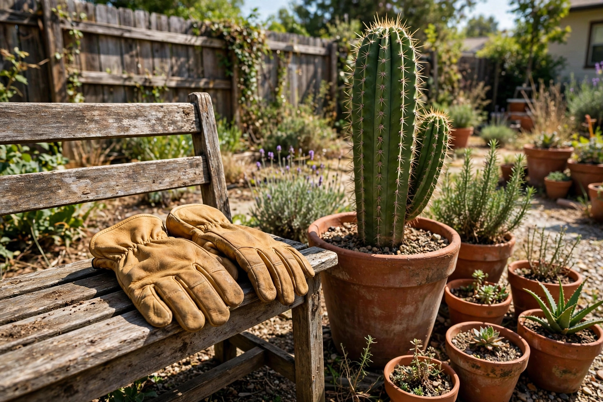 best garden gloves for cactus handling: A pair of heavy-duty garden gloves beside a potted cactus on a garden bench