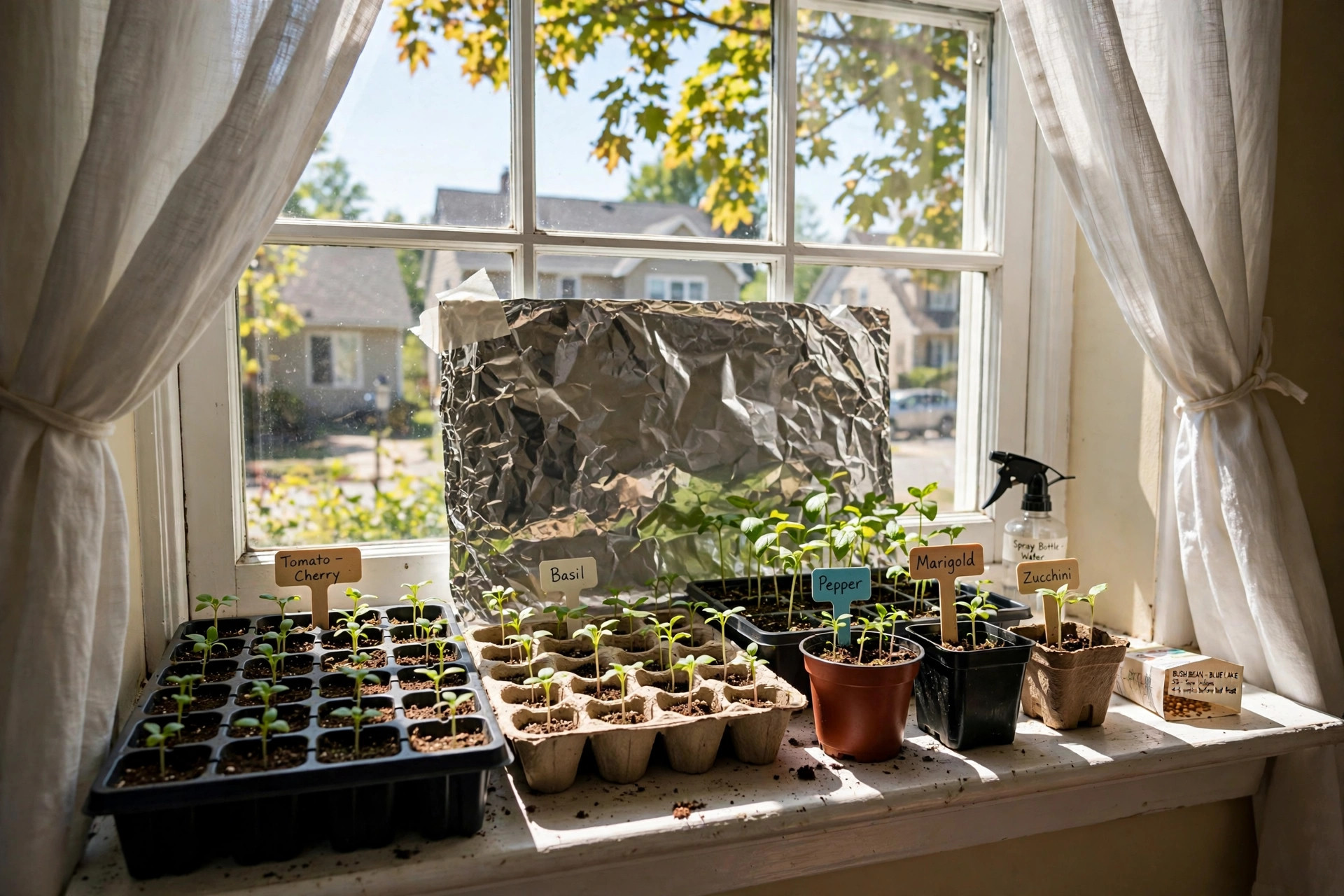 Seed trays of young plants on a sunny windowsill showing how to start seeds without grow light