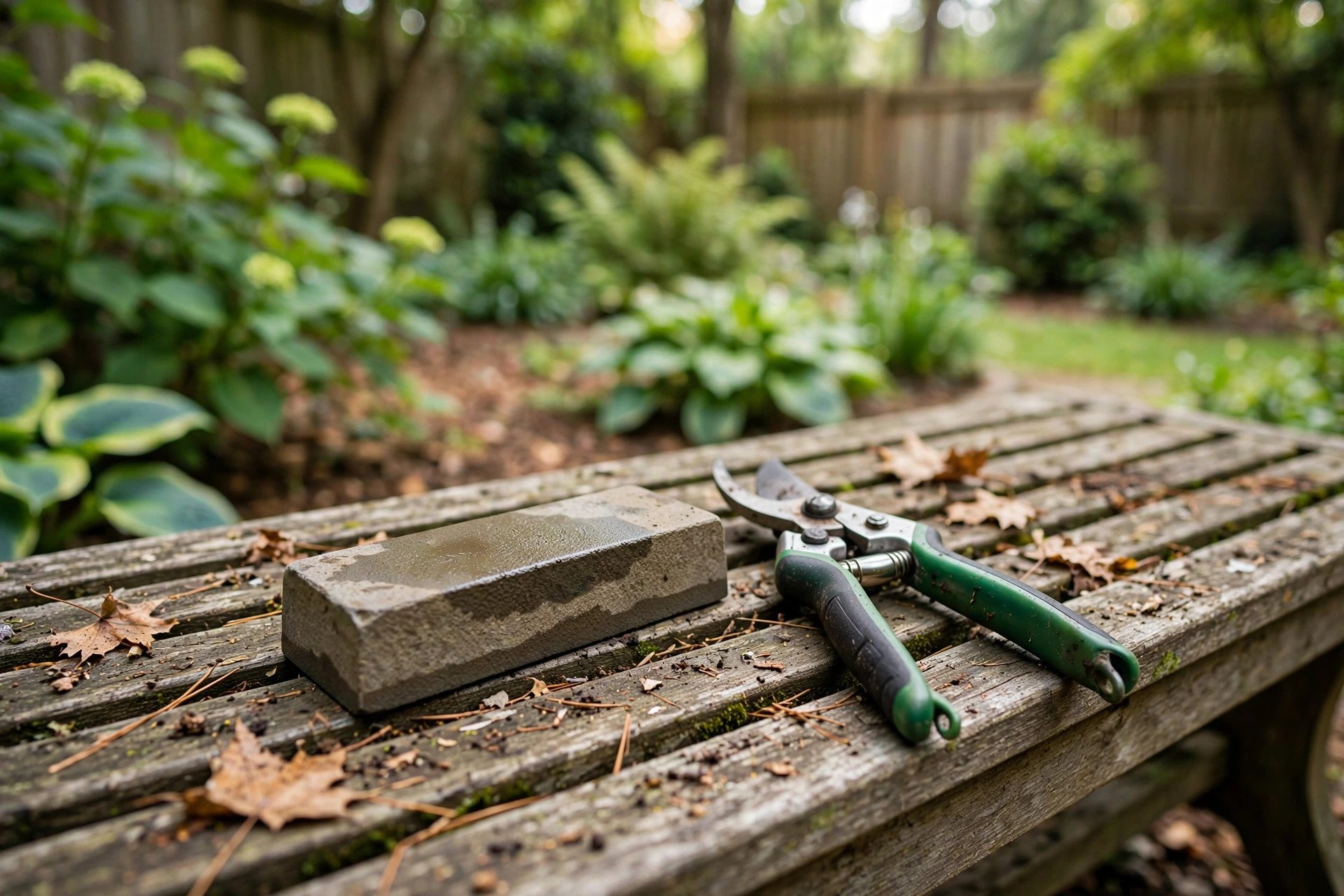 Best garden tool sharpener for pruners resting beside clean pruning shears