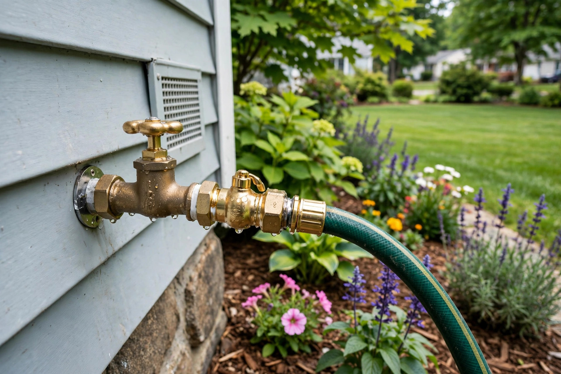 best garden hose quick connect fittings: Garden hose with brass quick connect fittings attached to a spigot in a green backyard