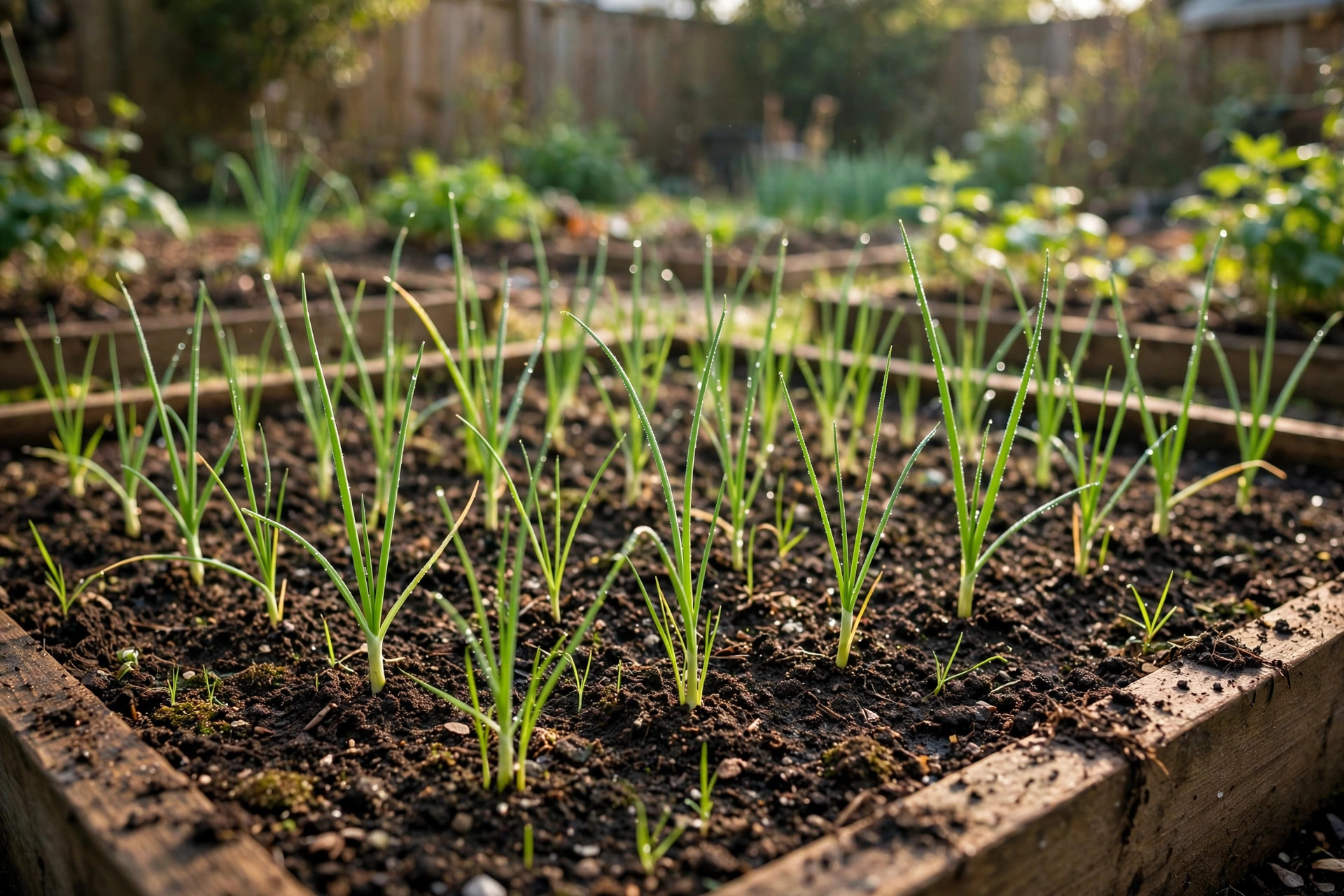 how to grow onions from seed: Young onion seedlings grown from seed in a sunny garden bed