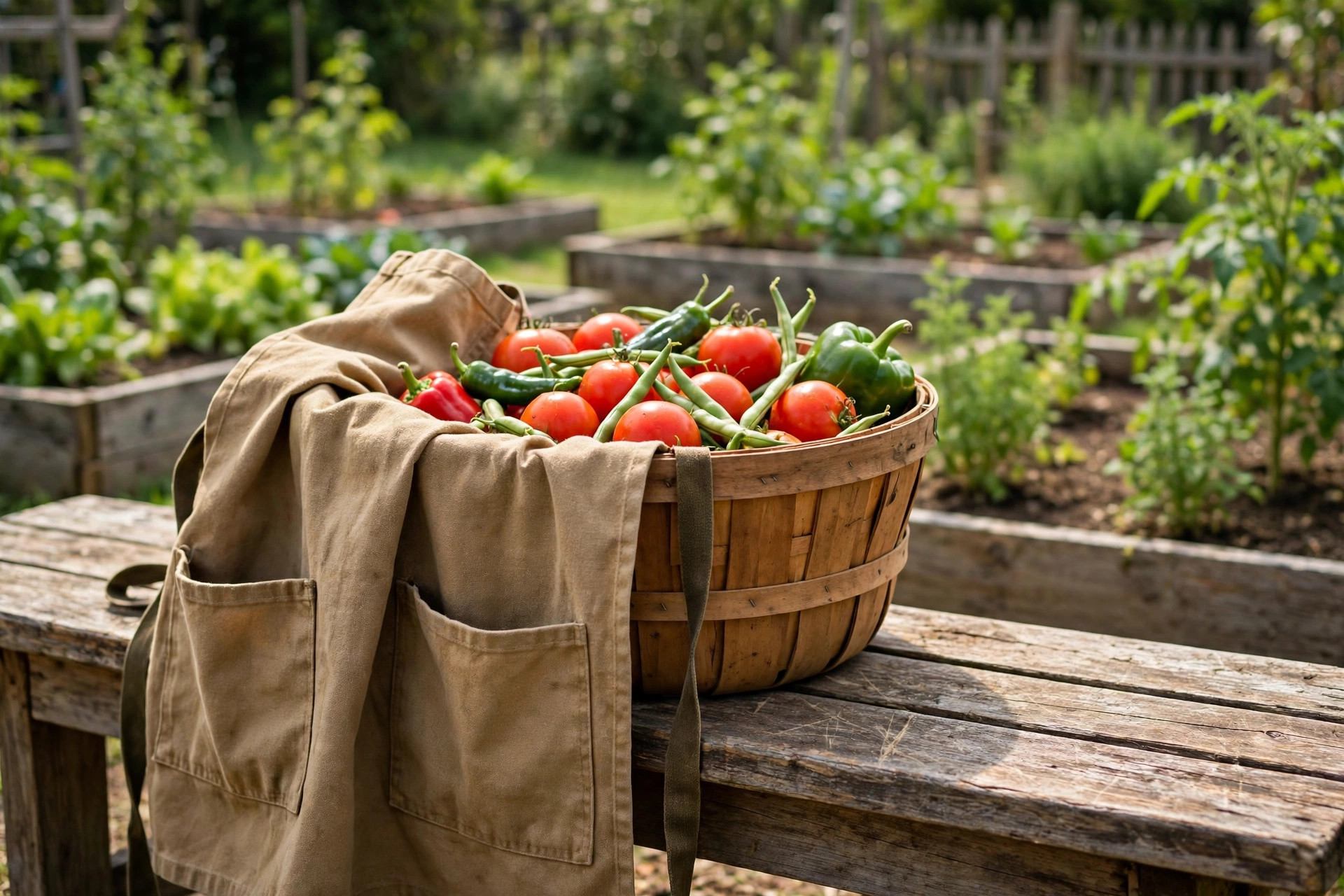 best garden apron for harvesting reviews: A canvas garden apron for harvesting with deep pockets, shown beside a harvest basket of vegetables in an American garden