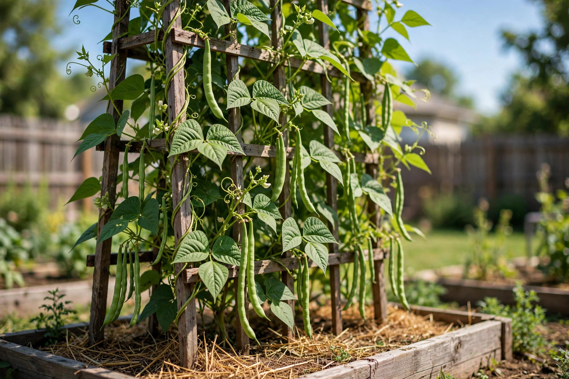 how to grow beans on trellis: Bean vines climbing a wooden trellis in a sunny vegetable garden