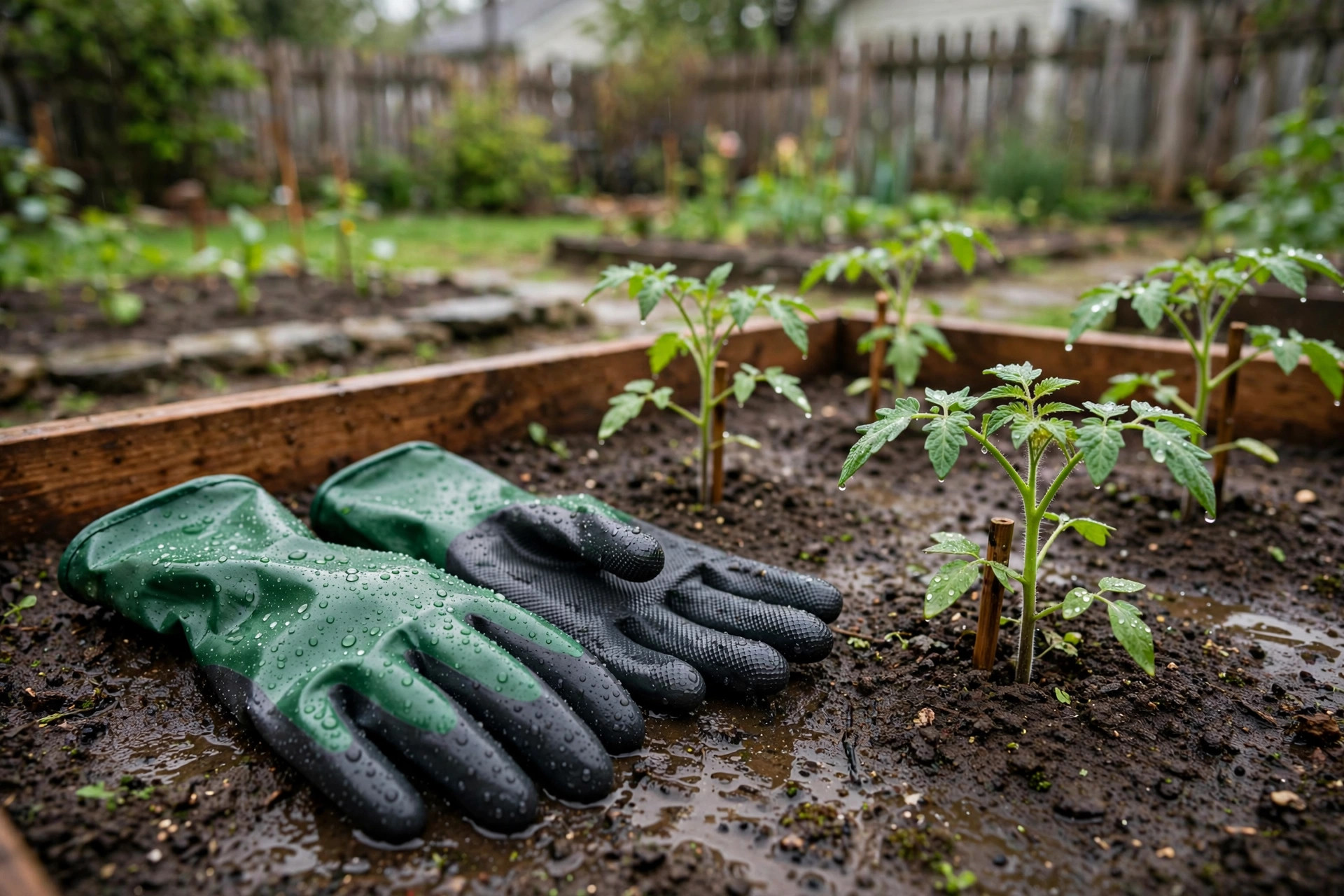 Best garden gloves for wet conditions resting on wet garden soil