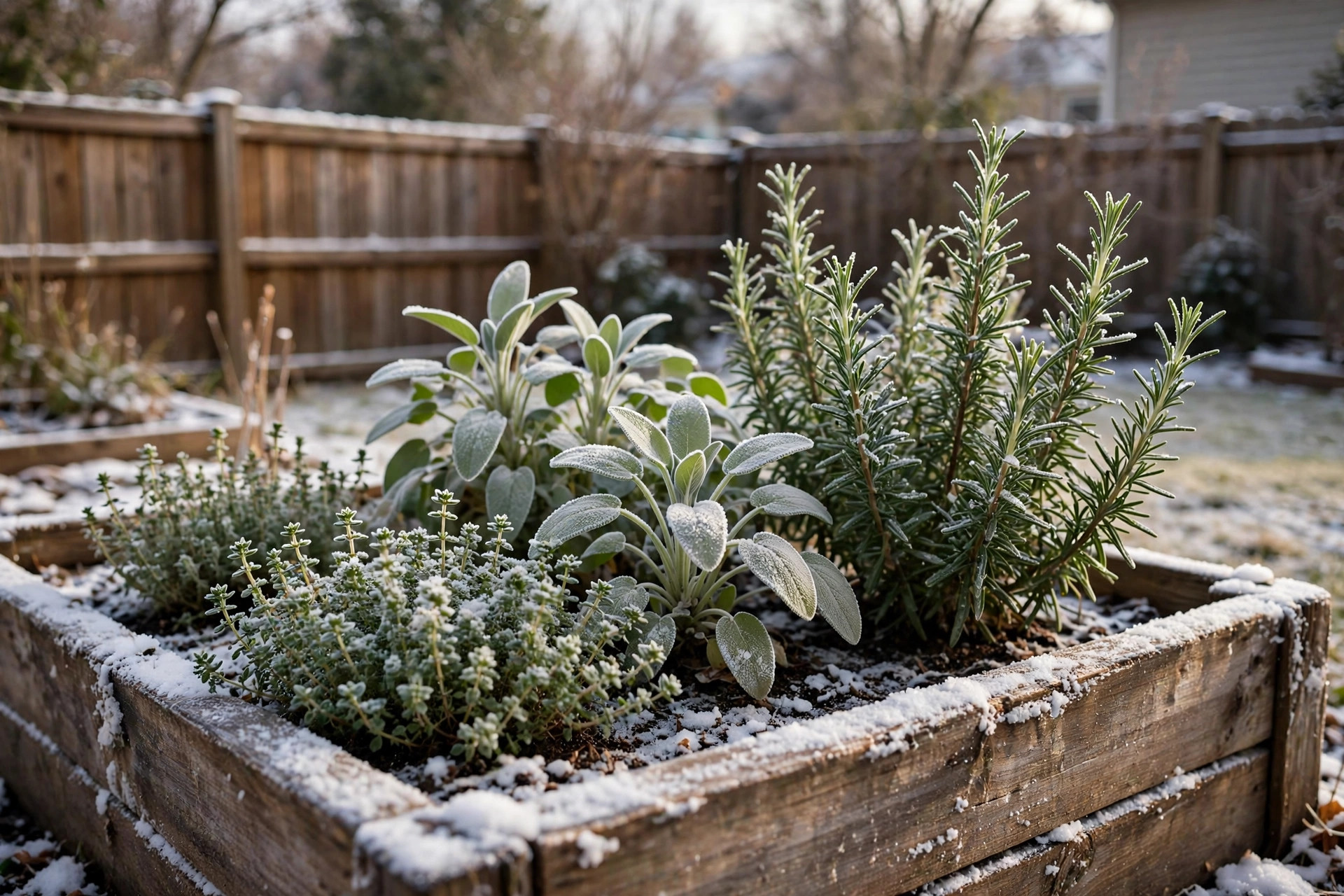 Cold hardy herbs for winter garden growing in a snow-dusted raised bed