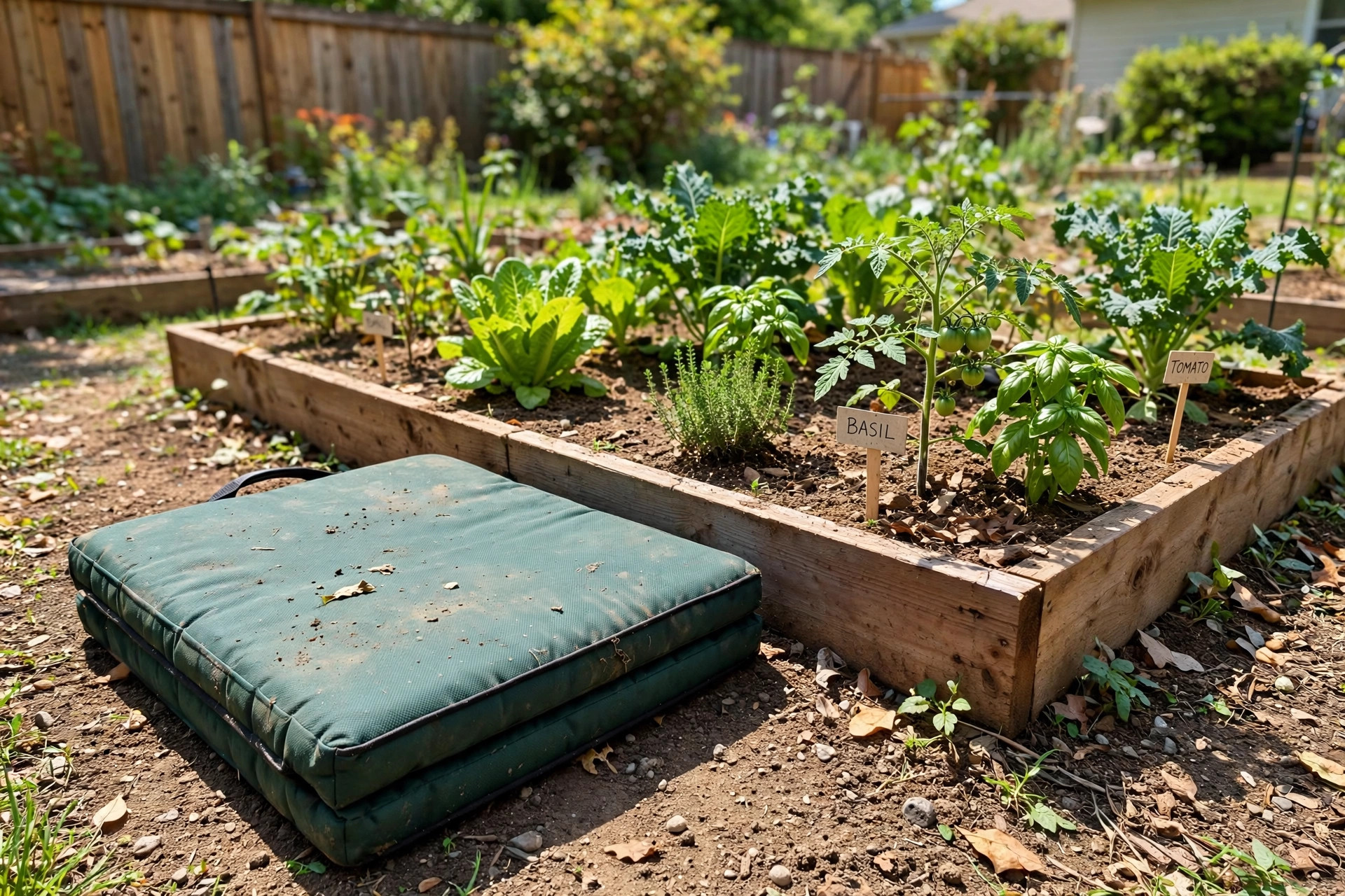 A padded garden kneeler pad on soil beside a raised bed, showing the best garden kneeler for bad knees in a backyard garden