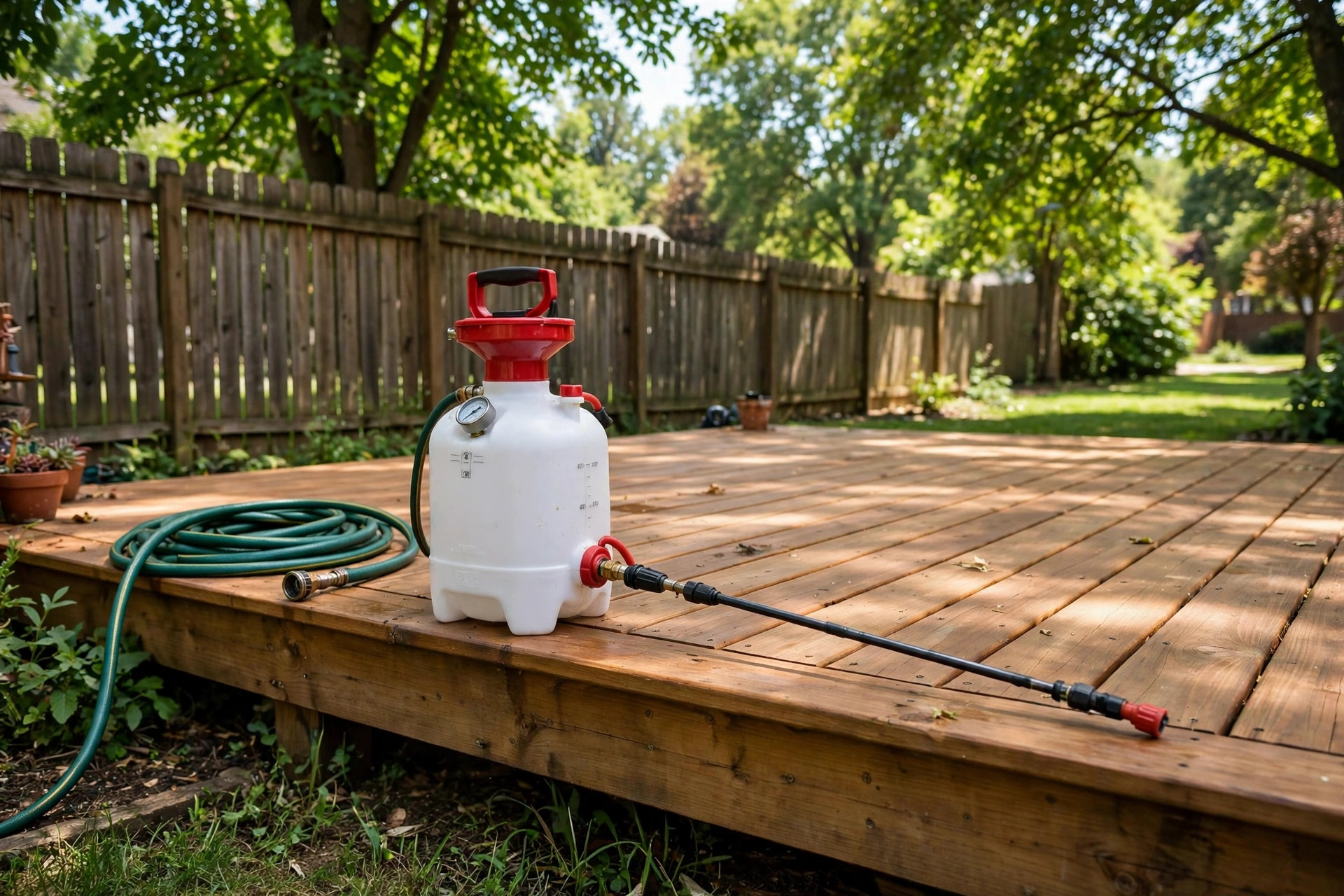 best garden sprayer for deck staining: A pump garden sprayer beside a stained wooden deck in a sunny American backyard