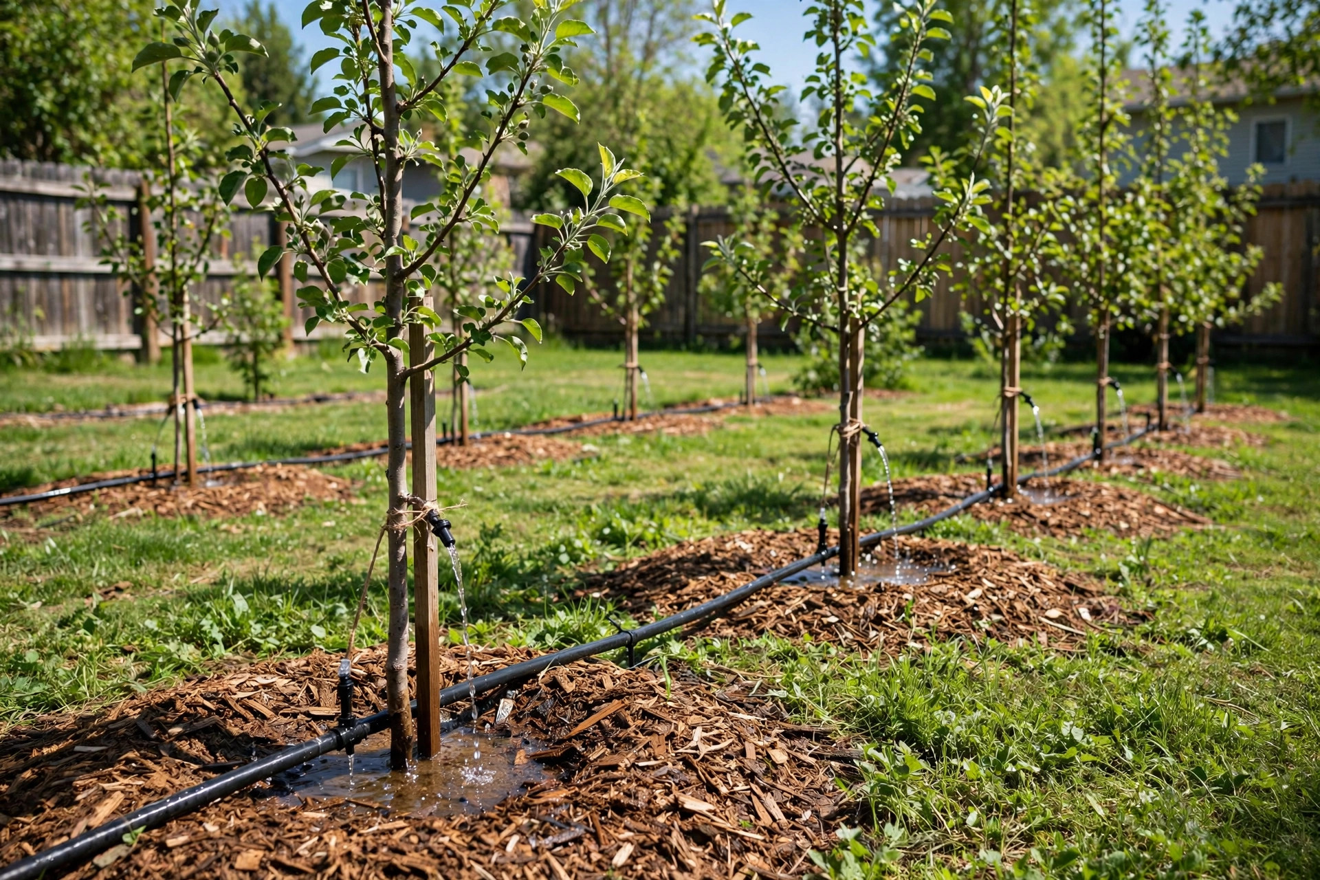 drip irrigation for fruit trees guide: Drip irrigation lines watering young fruit trees in a home orchard