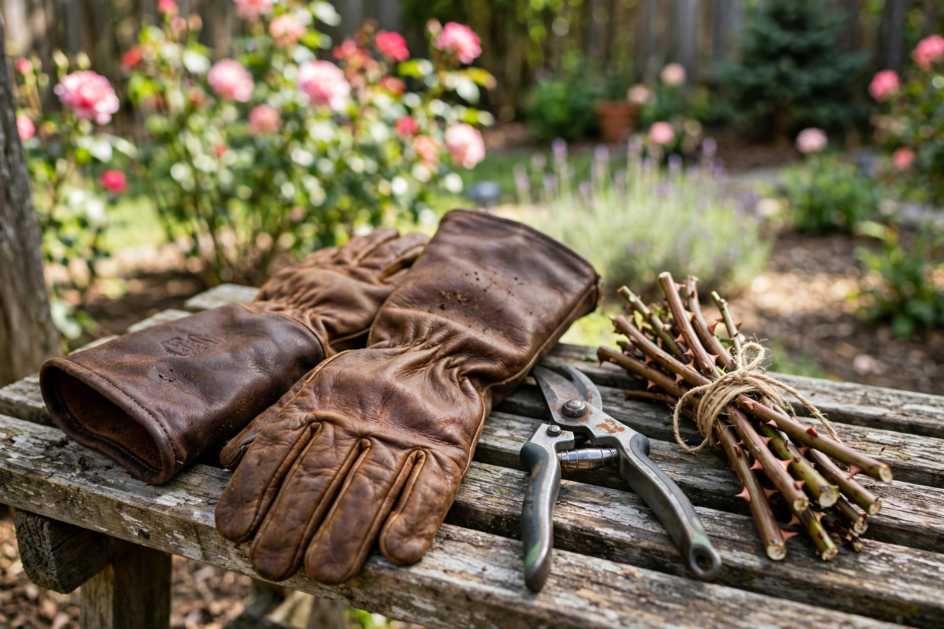 Best garden gloves for pruning thorns lying on a wooden garden bench